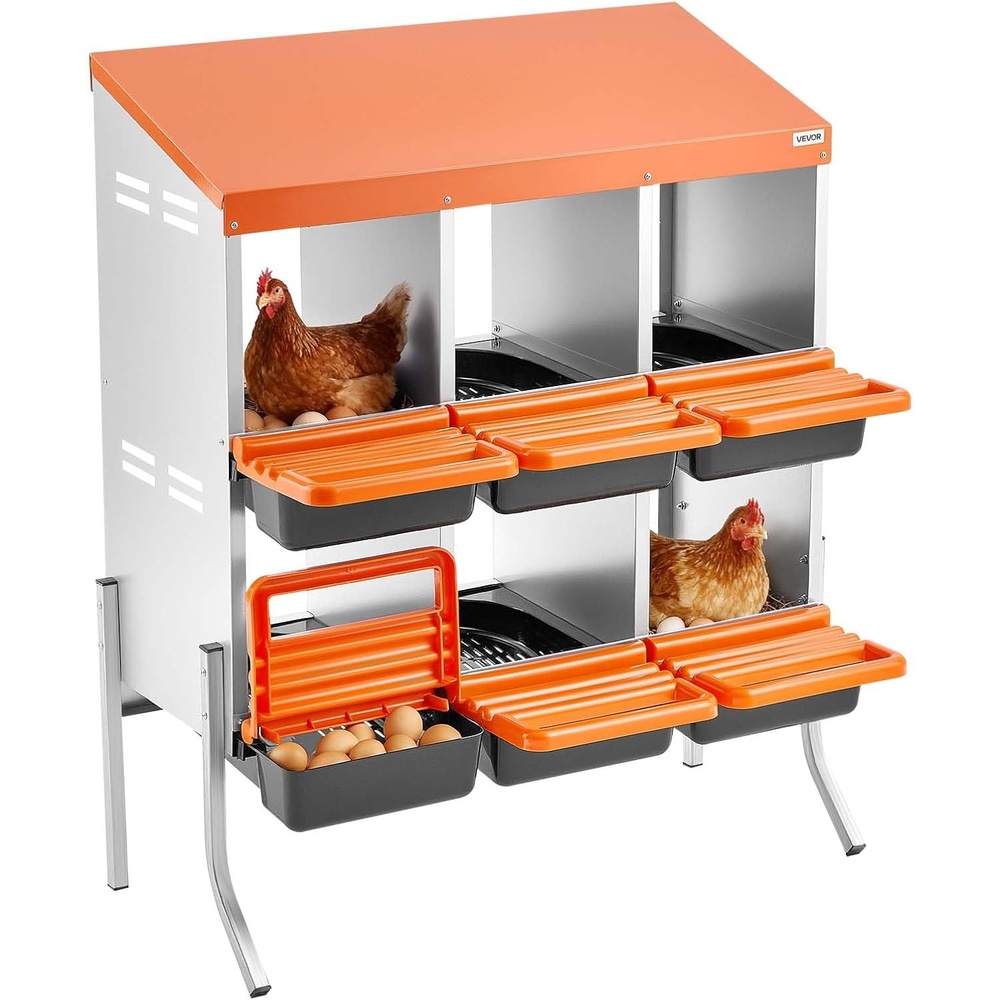 image:imageVEVOR Chicken Nesting Boxes 6 Compartments with Support Legs Easy Egg Collection Galvanized Steel and HighStrength Plastic Roll Away Nesting Boxes for Chickens and Hens Laying Eggs Orange313L x 207W x 390H