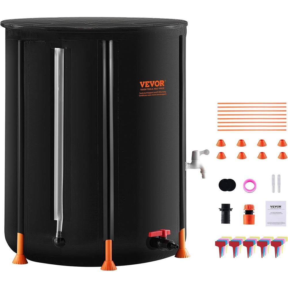 image:imageVEVOR Collapsible Rain Barrel 53 Gallon Portable Rain Water Collection Barrel 1000D PVC Rainwater Collection System Garden Water Catcher Tank Storage Container with Spigot amp Overflow Kit BlackBlack