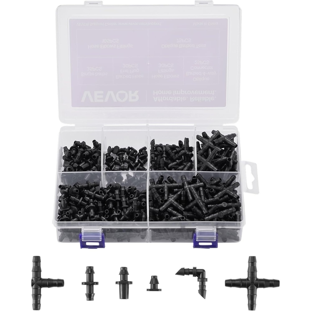 image:imageVEVOR Drip Irrigation Fittings Kit for 14 Tubing 300 Pcs Drip Irrigation System Parts Tees Straight Barb 4 Way Coupling Elbows End Plug Single Barbs Barbed Connectors for Yard Garden Lawn
