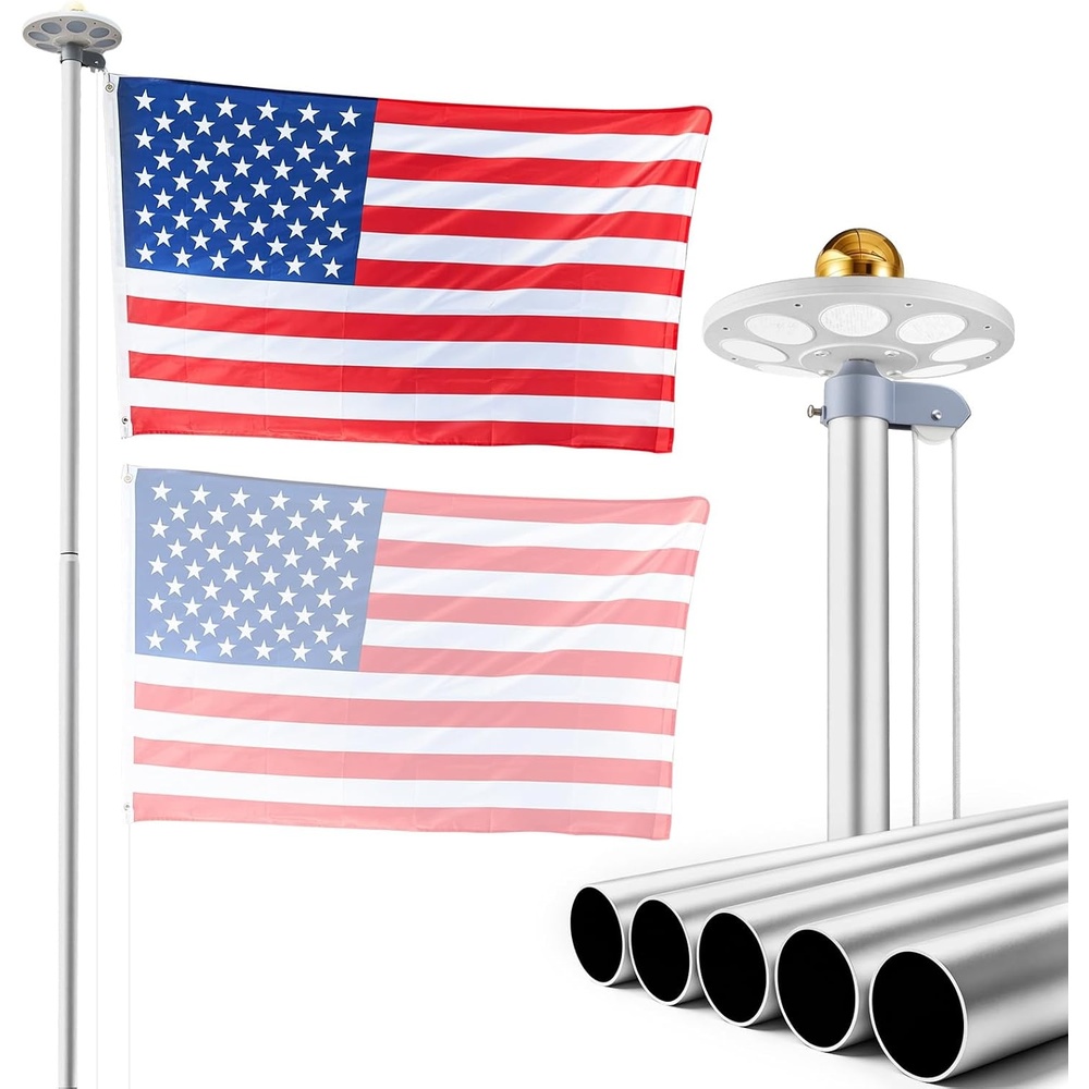 image:imageVEVOR Flag Pole 20ft Heavy Duty Telescopic Flagpole Kit with 136 LED Solar Light for Outside House In Ground Outdoor Aluminum Flagpole with 3x5 American Flag for Yard Residential Commercial BlackSilver20ft Solar LightSectional