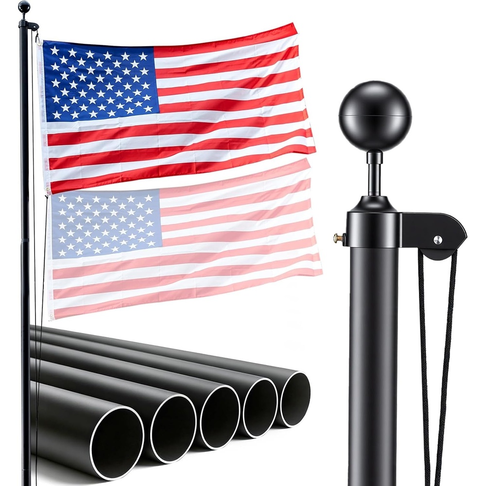 image:imageVEVOR Flag Pole 20ft Heavy Duty Telescopic Flagpole Kit with 136 LED Solar Light for Outside House In Ground Outdoor Aluminum Flagpole with 3x5 American Flag for Yard Residential Commercial BlackBlack16ftSectional