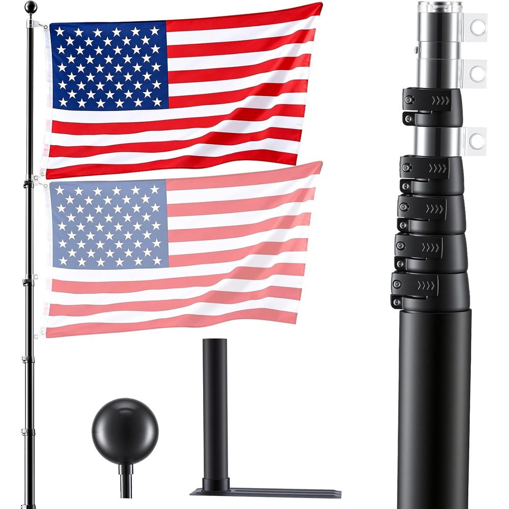 image:imageVEVOR Flag Pole 20ft Heavy Duty Telescopic Flagpole Kit with 136 LED Solar Light for Outside House In Ground Outdoor Aluminum Flagpole with 3x5 American Flag for Yard Residential Commercial BlackBlack20ft RVTelescopic