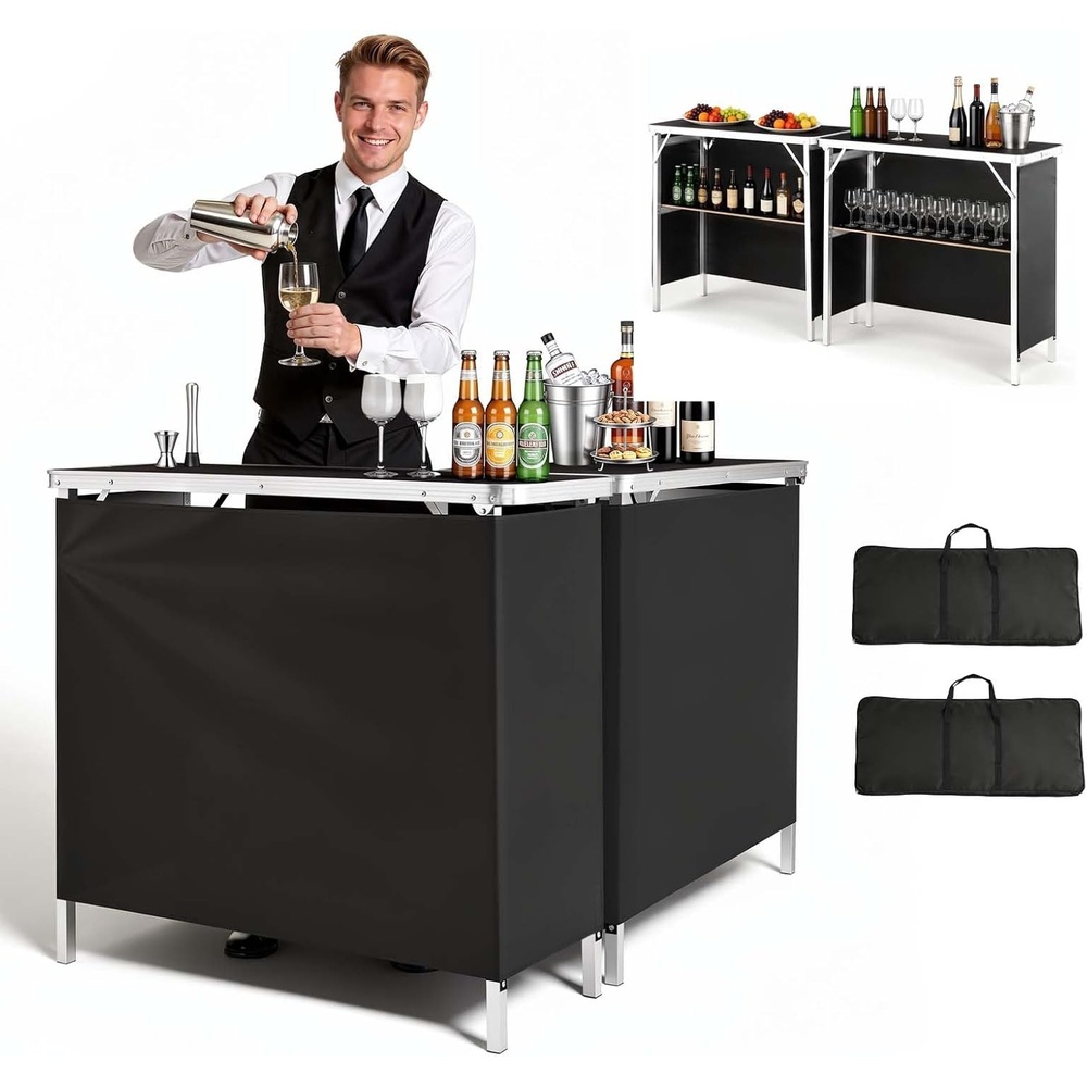 image:imageVEVOR Folding Portable Bar Table 2 pcs 386 x 152 x 343 in with Carry Bag Storage Shelf Detachable Skirt Quick and Easy Setup Foldable Mobile Bartending Station for Events Party Tradeshow2