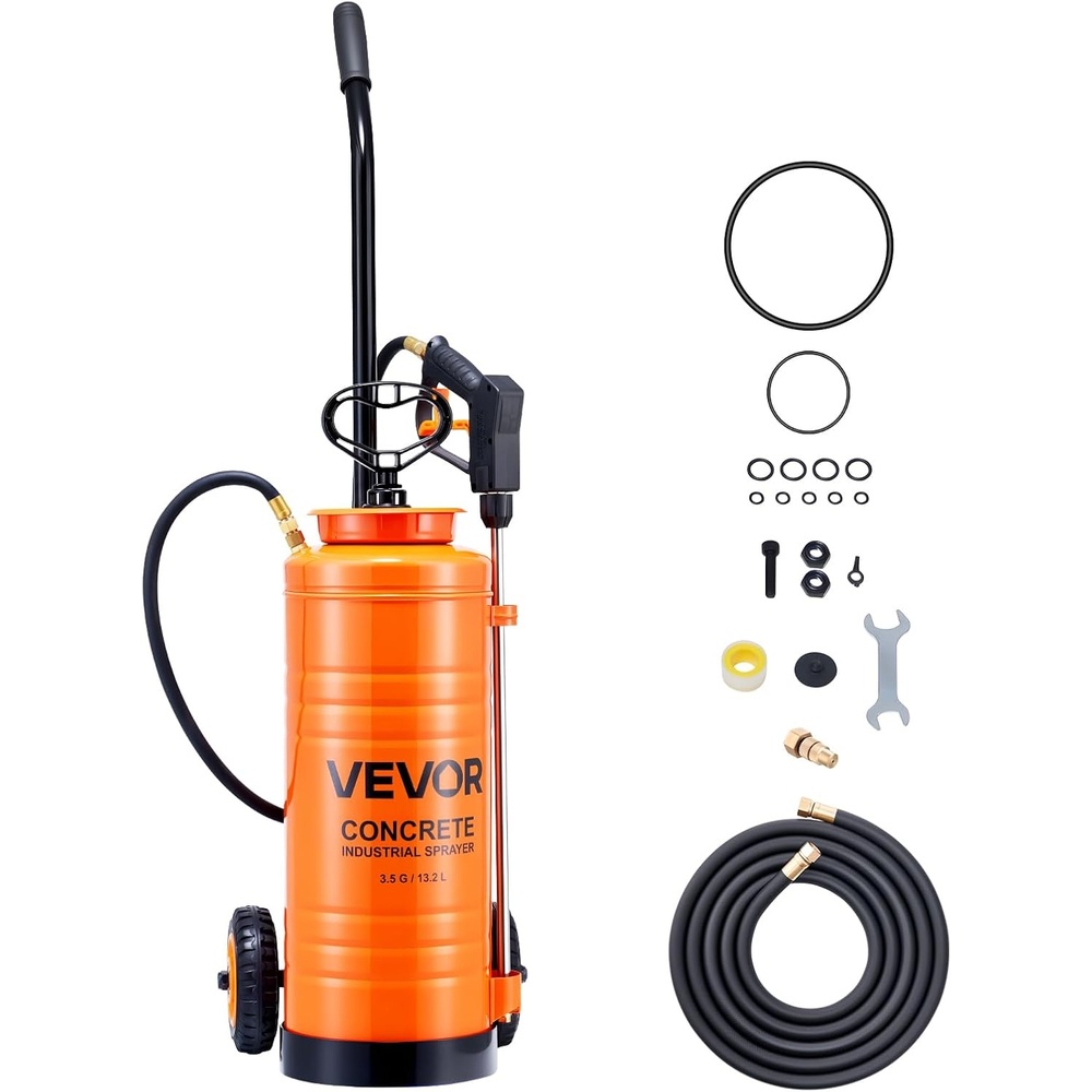 image:imageVEVOR Industrial Concrete Sprayer 35 Gallon Stainless Steel Sprayer Heavy Duty TriPoxy Pump Sprayers 205Wand with Ergonomic Gun Handle 48amp 120Hose 2 Brass Nozzles for Construction Garden35 Gal with Cart