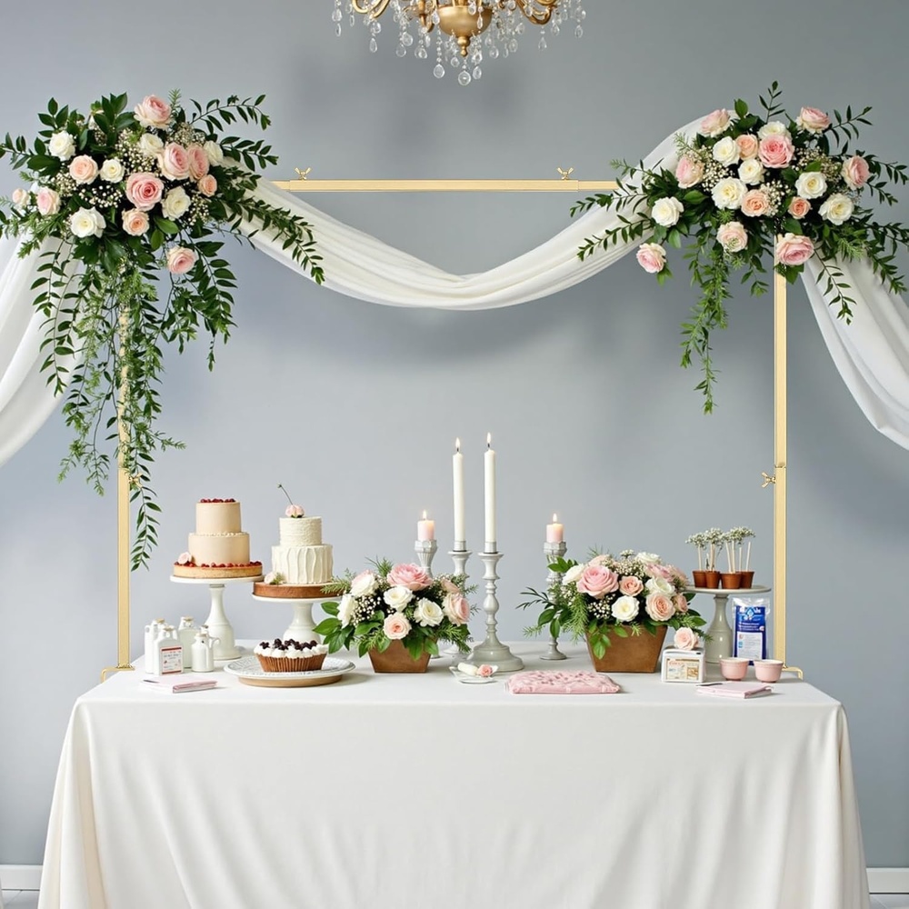 image:imageVEVOR Over The Table Rod Stand with Clamps 1342 Tall amp 2898 Length Adjustable Metal Table Arch Stand with Rattan Tabletop Balloon Arch Frame for Wedding Birthday Christmas Decorations GoldGold With Decorations