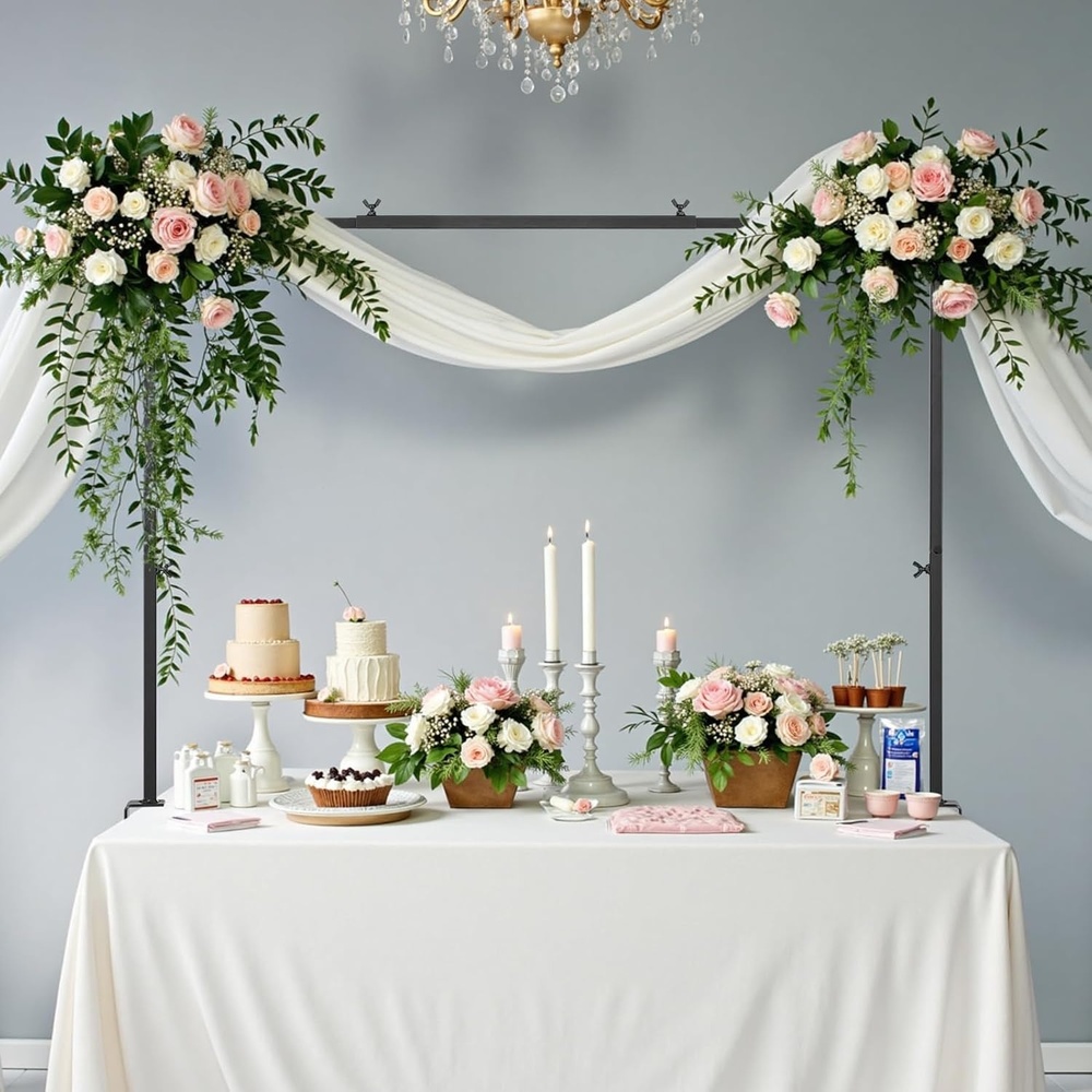 image:imageVEVOR Over The Table Rod Stand with Clamps 1342 Tall amp 2898 Length Adjustable Metal Table Arch Stand with Rattan Tabletop Balloon Arch Frame for Wedding Birthday Christmas Decorations GoldBlack