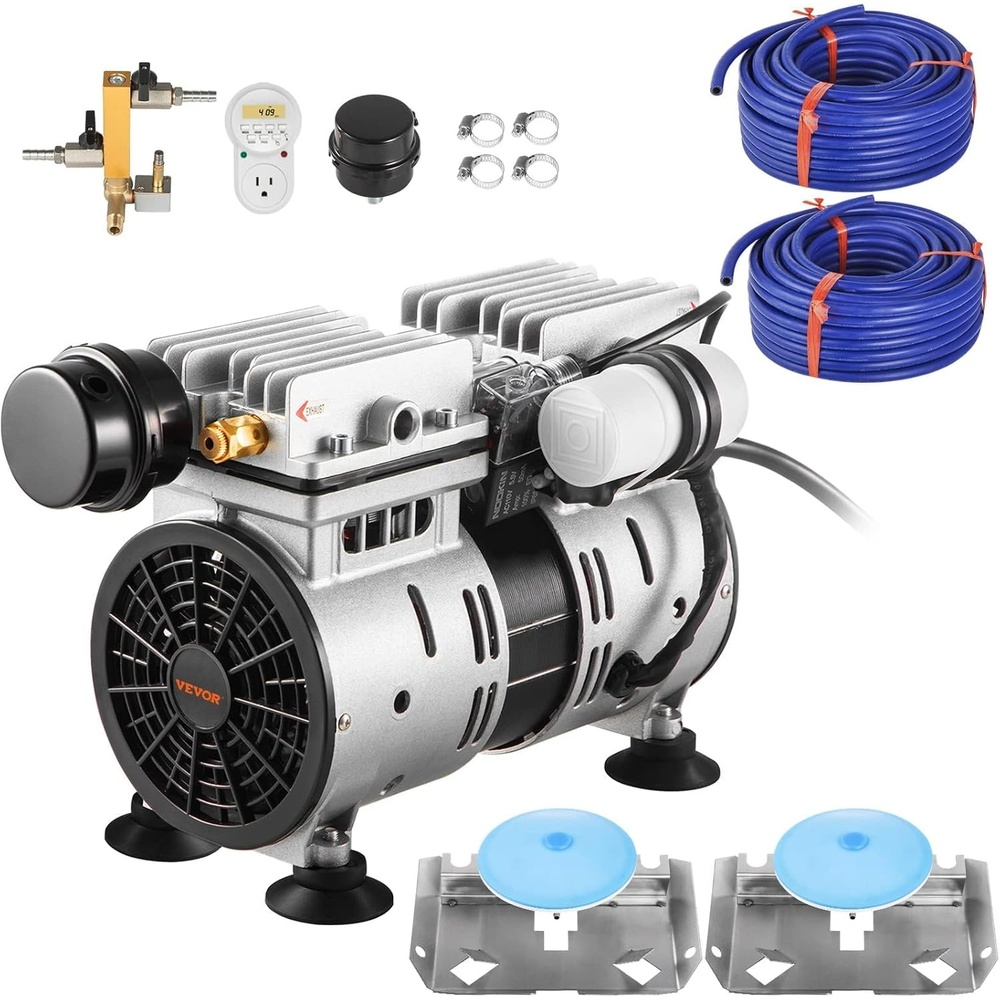 image:imageVEVOR Pond Aerator 550W Power 52CFM for Up to 3 Acre 50 Lake Pond Aeration Kit Includes 34 HP Compressor amp Timer amp Valves Air Compressor for Deep Water Oxygen Circulation for Pond Lake2 diffusers