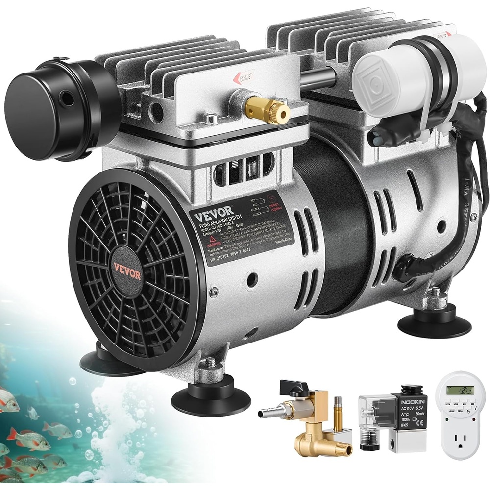 image:imageVEVOR Pond Aerator 550W Power 52CFM for Up to 3 Acre 50 Lake Pond Aeration Kit Includes 34 HP Compressor amp Timer amp Valves Air Compressor for Deep Water Oxygen Circulation for Pond LakeNo diffuser