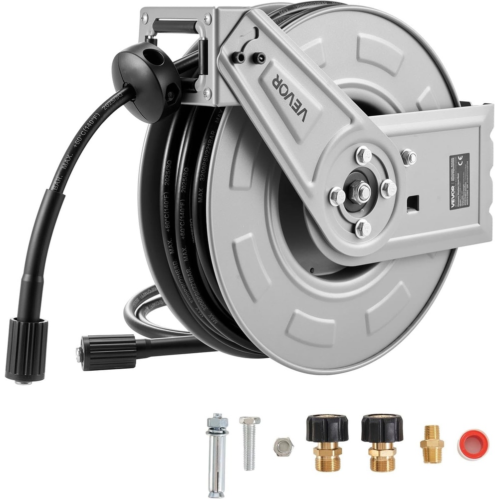image:imageVEVOR Pressure Washer Hose Reel 65 ft x 14 inch Retractable Power HeavyDuty Steel Washer Hose Reel 3200PSI Max AutoRewinding Flexible WallFloor Mounted for Car WashingGardenFloor Cleaning65 ft x 14 inch  3200PSI