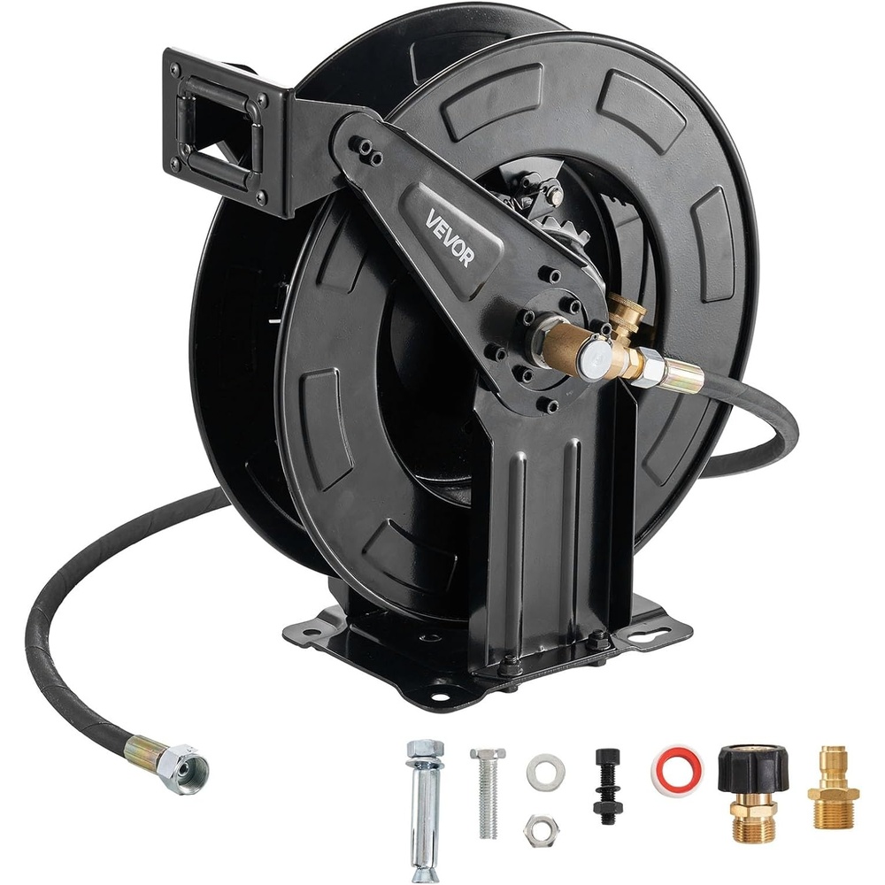 image:imageVEVOR Pressure Washer Hose Reel 65 ft x 14 inch Retractable Power HeavyDuty Steel Washer Hose Reel 3200PSI Max AutoRewinding Flexible WallFloor Mounted for Car WashingGardenFloor Cleaning50 ft x 38 inch  4000PSI
