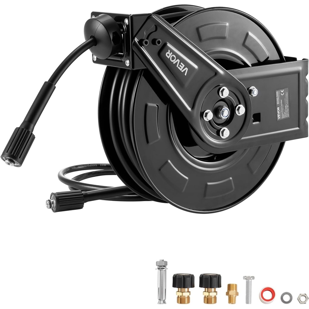image:imageVEVOR Pressure Washer Hose Reel 65 ft x 14 inch Retractable Power HeavyDuty Steel Washer Hose Reel 3200PSI Max AutoRewinding Flexible WallFloor Mounted for Car WashingGardenFloor Cleaning60 ft x 14 inch  4000PSI