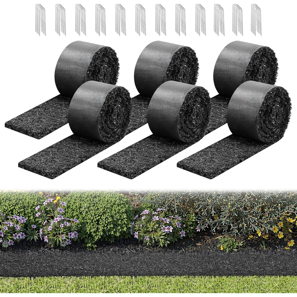 image:imageVEVOR Rubber Mulch Mat Roll 6 Rolls 120 x 45 in Recycled Rubber Permanent Mulch Edging Border NaturalLooking Flower Barrier with Stakes 05 in Thick Cuttable Garden Edgings for Landscaping