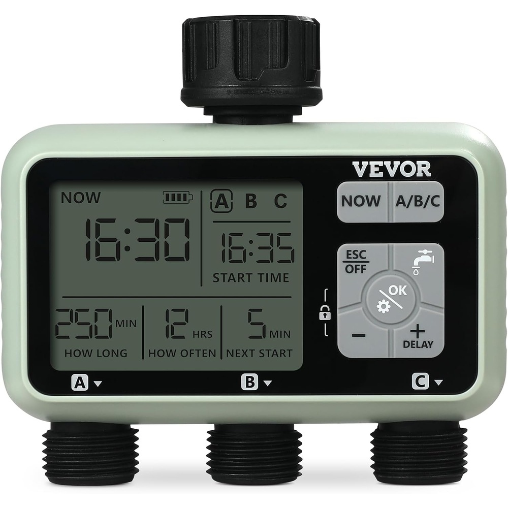 image:imageVEVOR WiFi Sprinkler Timer Single Outlet Smart Hose Faucet Water Timer with Brass Inlet APP Control via 24Ghz WiFi or Bluetooth Voice Control with Alexa Google Assistant IPX6 for Yard Watering3 Outlet with LCD Display