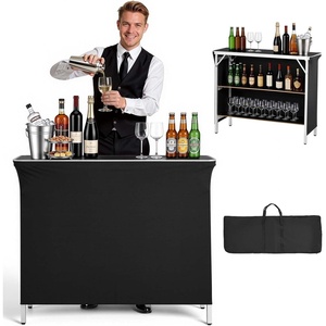 VEVOR Folding Portable Bar Table, 43.3 x 15.2 x 34.8 in, with Carry Bag, 2 Storage Shelves, and Detachable Skirt, Quick and Easy Setup, Foldable Mobile Bartending Station for Events, Party, Tradeshow(43.3 x 15.2 x 34.8 inches)