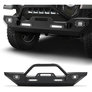 VEVOR Front Bumper Compatible with 2007-2024 Jeep Wrangler JK/JKU JL/JLU & Gladiator JT – with 2PCS LED Light Bars, Winch Plate & Fog Light Housing, Heavy-Duty Steel Front Bumper with E-Coating(JL JT with LED light)