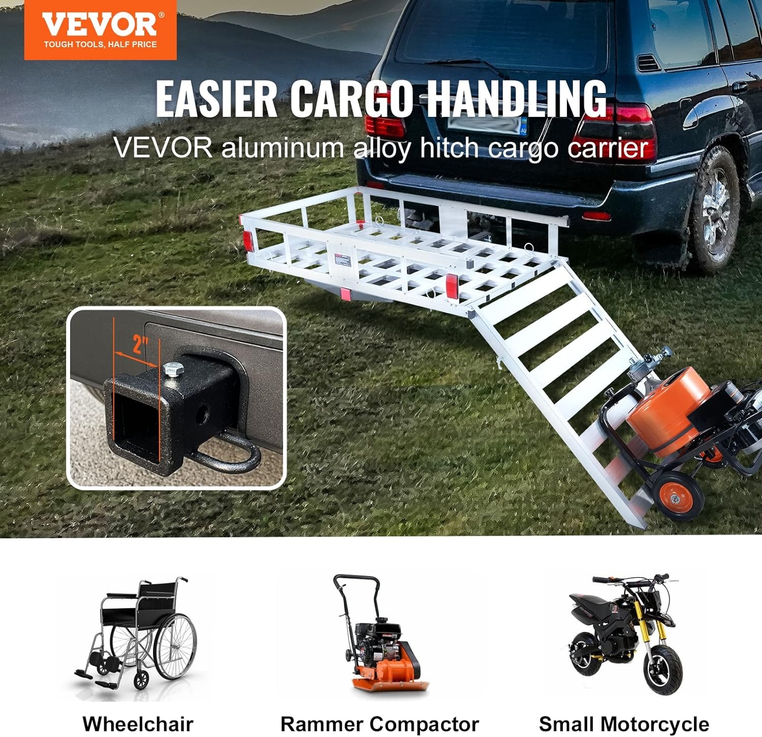 image:imageVEVOR 494 x 224 x 71 in Hitch Cargo Carrier 500lb Capacity Trailer Hitch Mount Aluminum Cargo Basket Luggage Carrier Rack Fits 2 Hitch Receiver for SUV Truck Pickup CampingWith Ramp