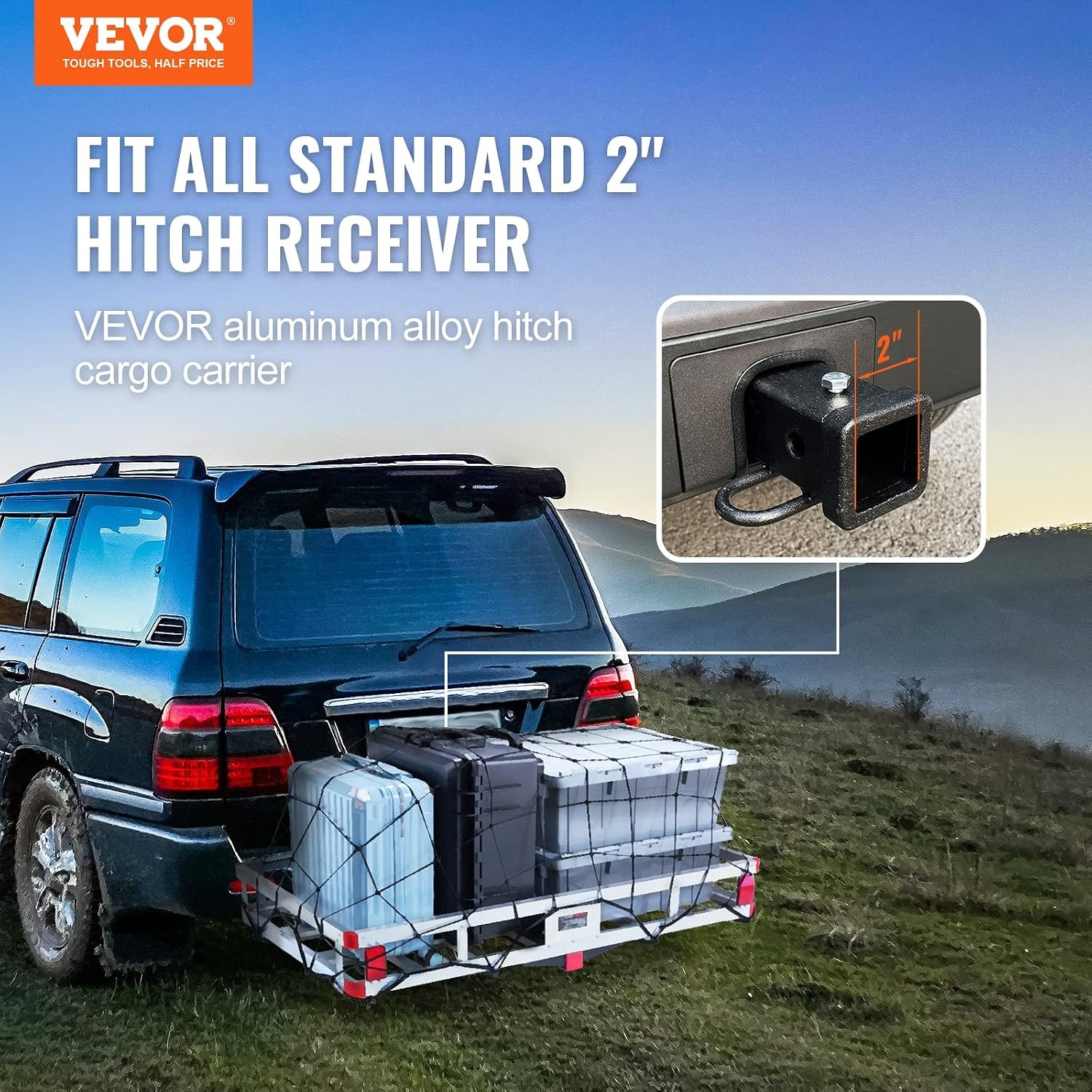 image:imageVEVOR 494 x 224 x 71 in Hitch Cargo Carrier 500lb Capacity Trailer Hitch Mount Aluminum Cargo Basket Luggage Carrier Rack Fits 2 Hitch Receiver for SUV Truck Pickup CampingNo Ramp