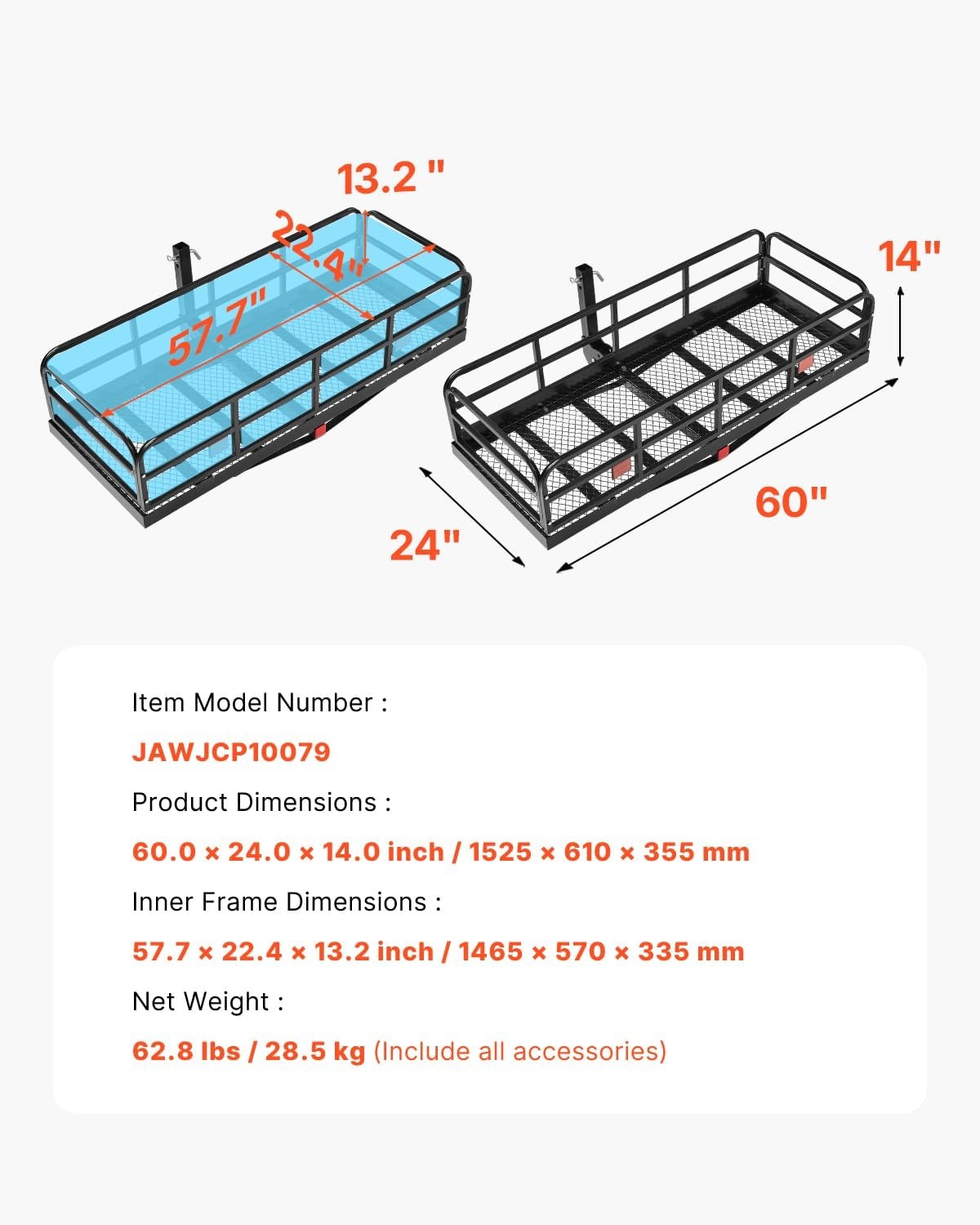image:imageVEVOR 70 x 30 x 6 Hitch Cargo Carrier 500 lbs Capacity with Nighttime Reflective Reminder Folding Hitch Mount Cargo Carrier Basket with Hitch Lock for 2 Receiver Fit for SUVs60 x 24 x 14