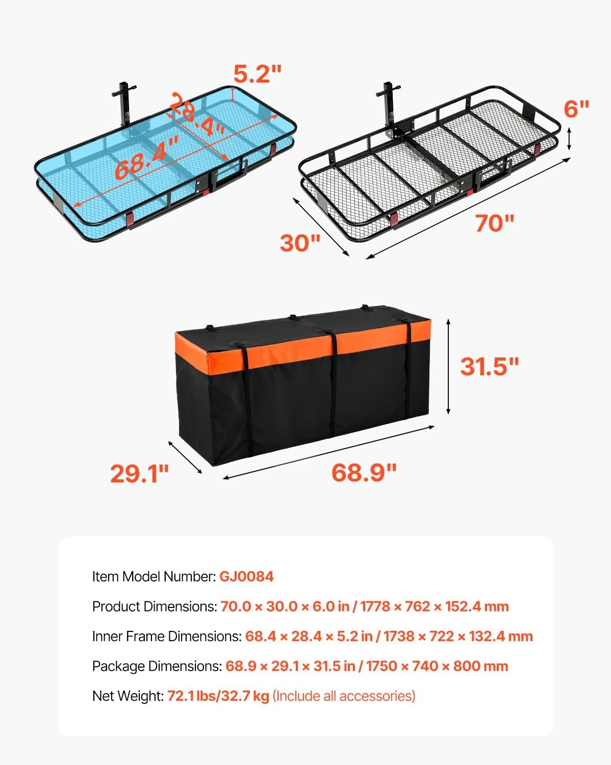 image:imageVEVOR 70 x 30 x 6 Hitch Cargo Carrier 500 lbs Capacity with Nighttime Reflective Reminder Folding Hitch Mount Cargo Carrier Basket with Hitch Lock for 2 Receiver Fit for SUVs70 x 30 x 6