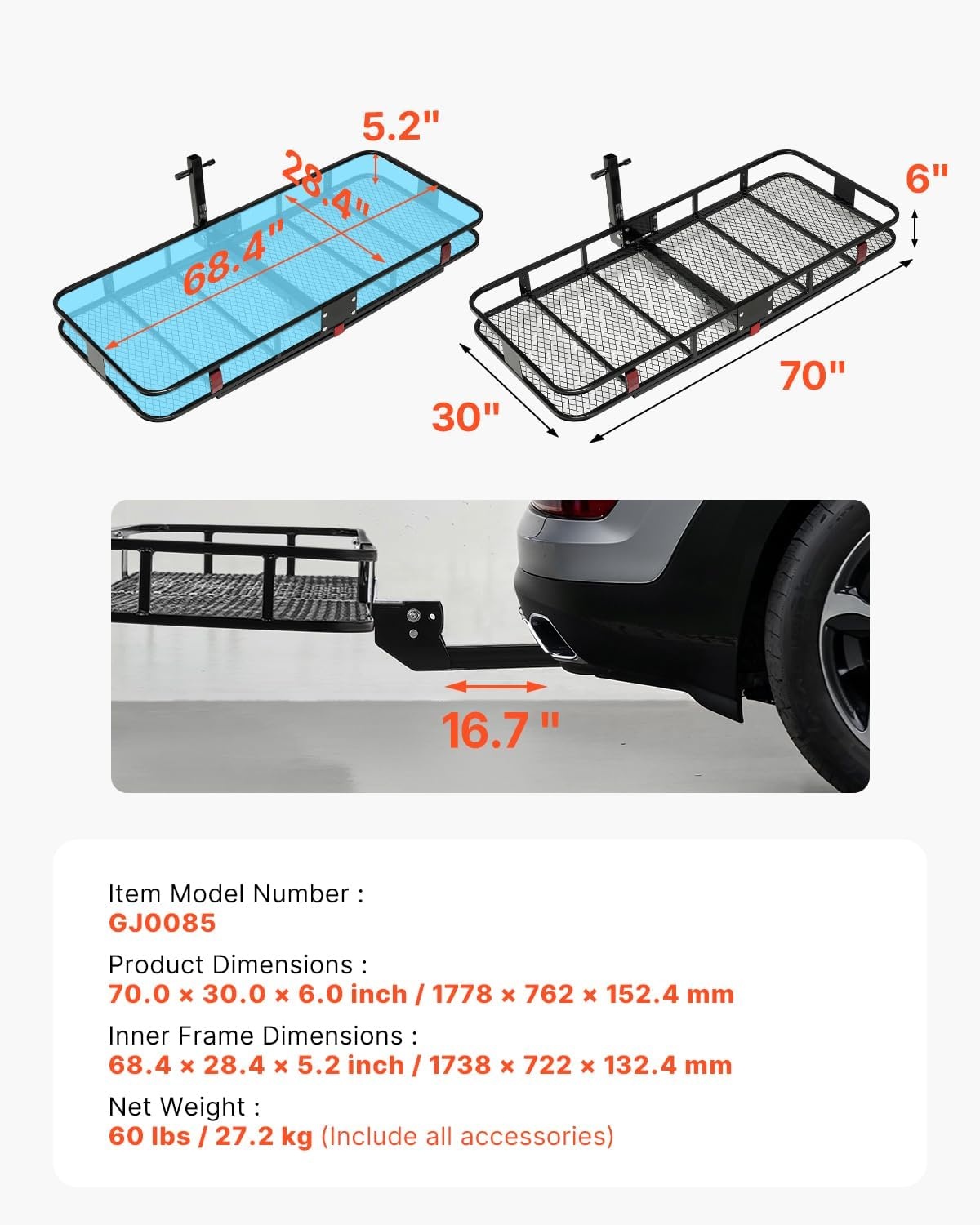 image:imageVEVOR 70 x 30 x 6 Hitch Cargo Carrier 500 lbs Capacity with Nighttime Reflective Reminder Folding Hitch Mount Cargo Carrier Basket with Hitch Lock for 2 Receiver Fit for SUVs70 x 30 x 6