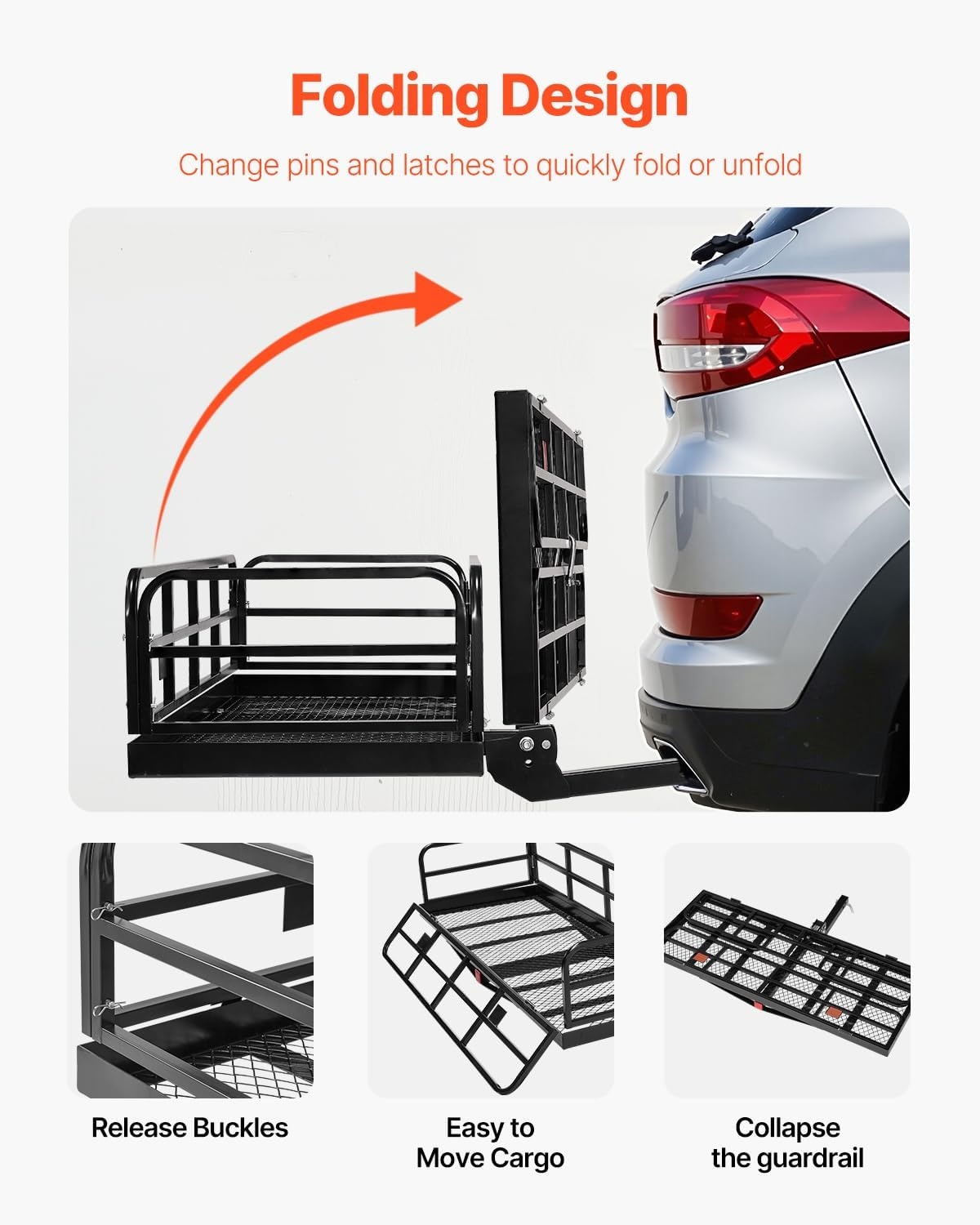 image:imageVEVOR 70 x 30 x 6 Hitch Cargo Carrier 500 lbs Capacity with Nighttime Reflective Reminder Folding Hitch Mount Cargo Carrier Basket with Hitch Lock for 2 Receiver Fit for SUVs60 x 24 x 14