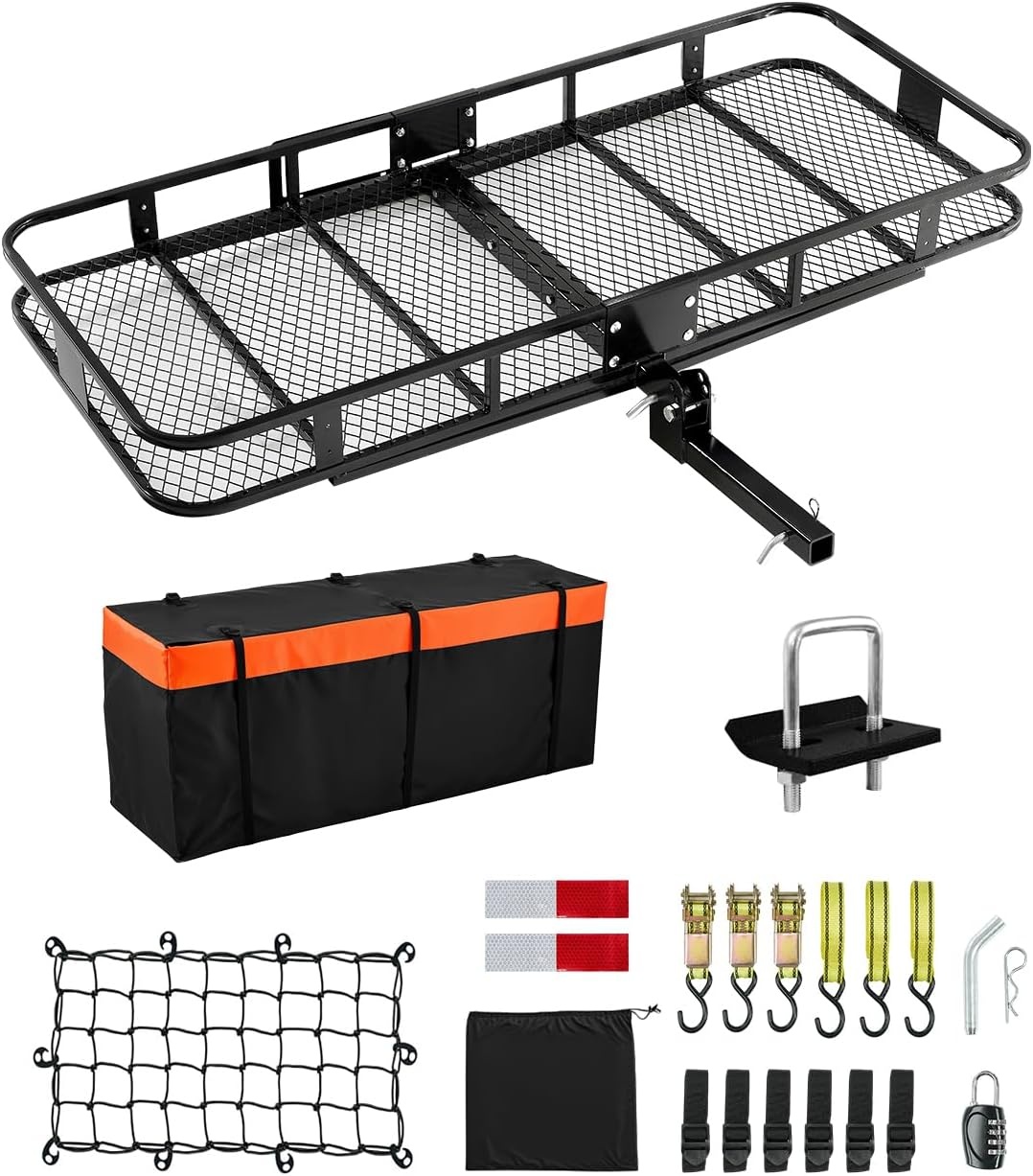 image:imageVEVOR 70 x 30 x 6 Hitch Cargo Carrier 500 lbs Capacity with Nighttime Reflective Reminder Folding Hitch Mount Cargo Carrier Basket with Hitch Lock for 2 Receiver Fit for SUVs70 x 30 x 6