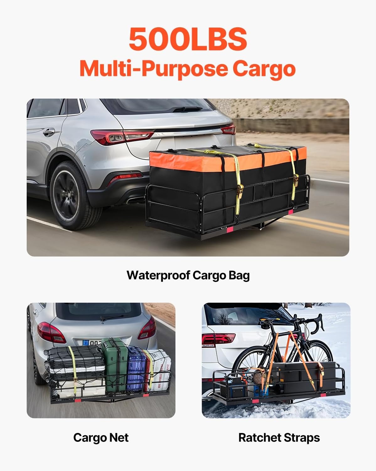 image:imageVEVOR 70 x 30 x 6 Hitch Cargo Carrier 500 lbs Capacity with Nighttime Reflective Reminder Folding Hitch Mount Cargo Carrier Basket with Hitch Lock for 2 Receiver Fit for SUVs60 x 24 x 14