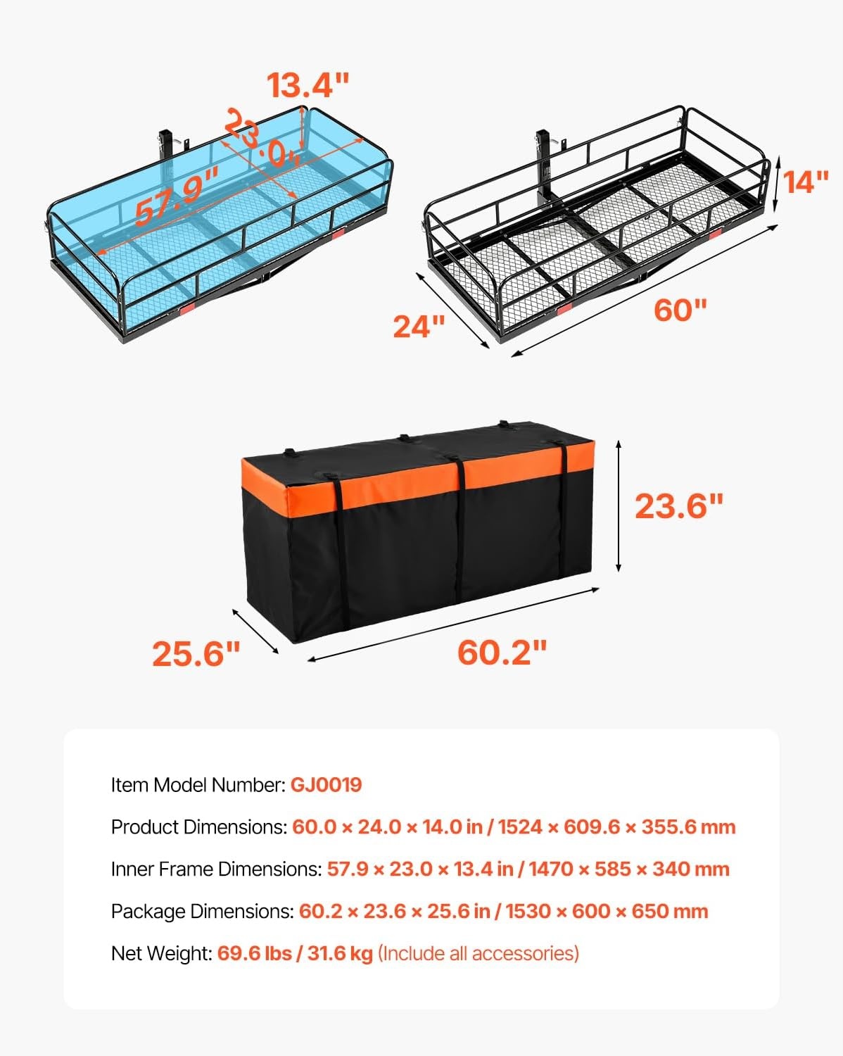 image:imageVEVOR 70 x 30 x 6 Hitch Cargo Carrier 500 lbs Capacity with Nighttime Reflective Reminder Folding Hitch Mount Cargo Carrier Basket with Hitch Lock for 2 Receiver Fit for SUVs60 x 24 x 14