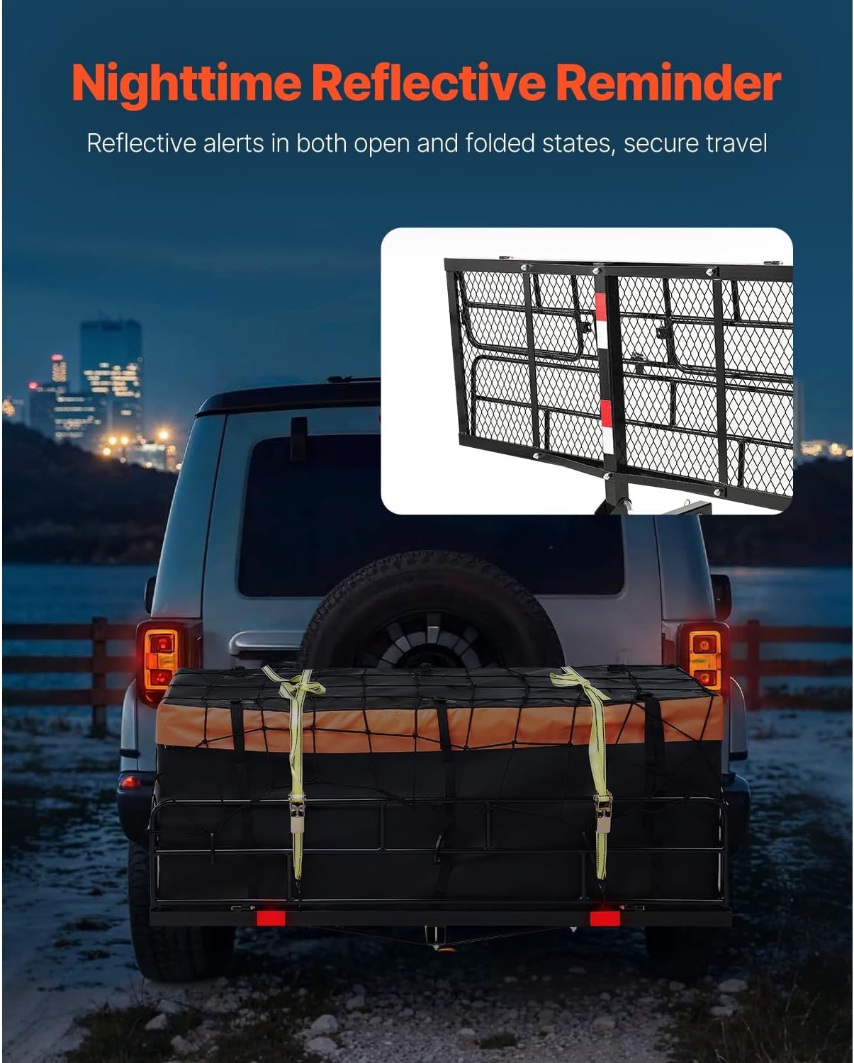 image:imageVEVOR 70 x 30 x 6 Hitch Cargo Carrier 500 lbs Capacity with Nighttime Reflective Reminder Folding Hitch Mount Cargo Carrier Basket with Hitch Lock for 2 Receiver Fit for SUVs60 x 24 x 14