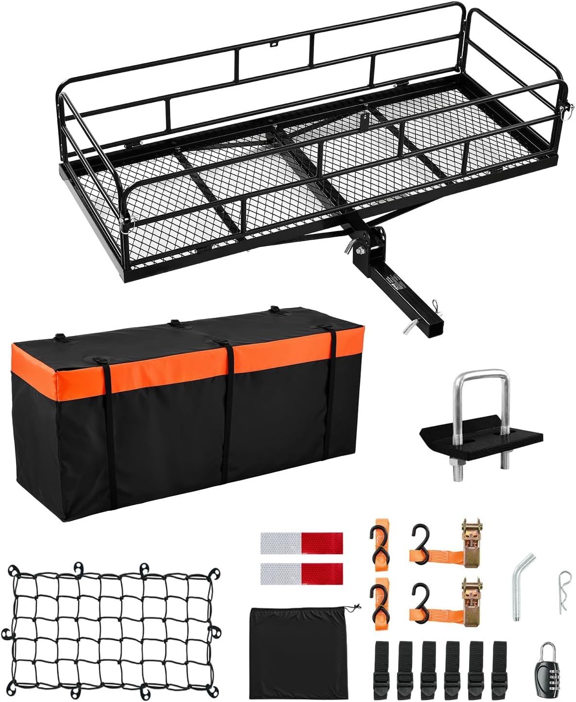 image:imageVEVOR 70 x 30 x 6 Hitch Cargo Carrier 500 lbs Capacity with Nighttime Reflective Reminder Folding Hitch Mount Cargo Carrier Basket with Hitch Lock for 2 Receiver Fit for SUVs60 x 24 x 14
