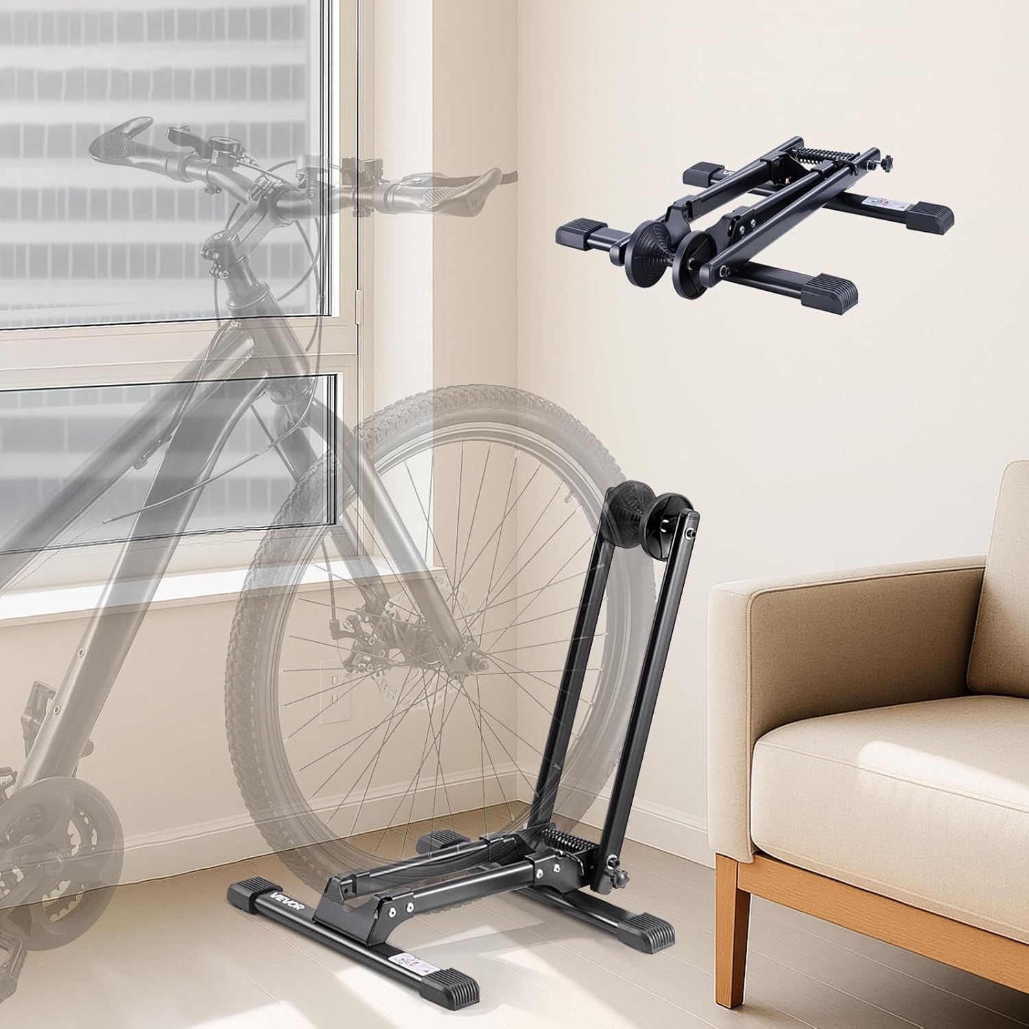 image:imageVEVOR Bike Racks 2 Pack Fits 20 to 27 Inch Mountain amp Road Bikes Alloy Steel RustResistant Bike Floor Stand Rack Foldable Bicycle Stand for Entryway Garage Home Bikes Parking amp Storage Black2 Bike Rack