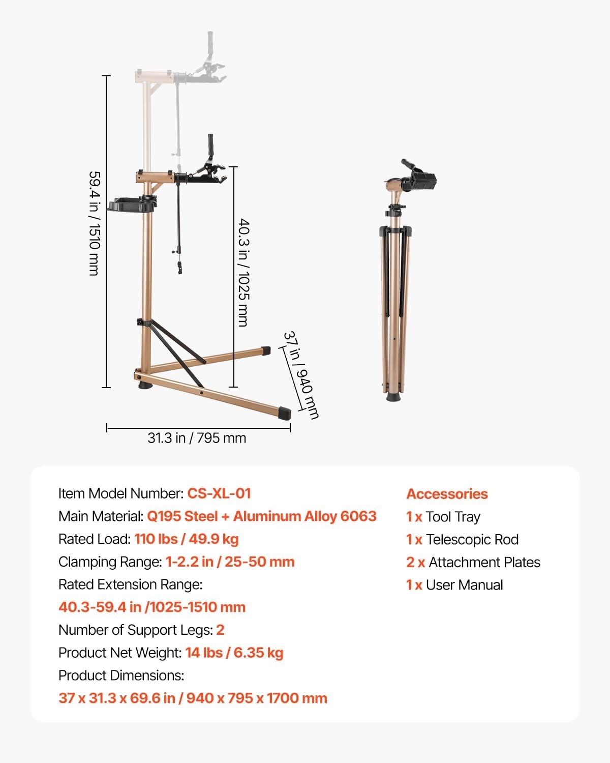 image:imageVEVOR Bike Repair Stand Max 110 lb Heavyduty Bicycle Work Stand with 403594 in Adjustable Height amp Large Tool Tray Foldable Ebike Maintenance Rack Shop Home Mechanics for Mountain Road Bike110 LBS