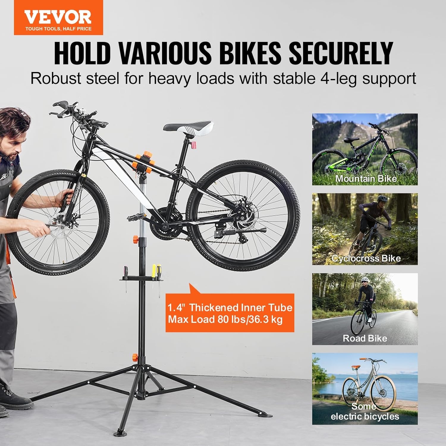image:imageVEVOR Bike Repair Stand Max 110 lb Heavyduty Bicycle Work Stand with 403594 in Adjustable Height amp Large Tool Tray Foldable Ebike Maintenance Rack Shop Home Mechanics for Mountain Road Bike80 LBS