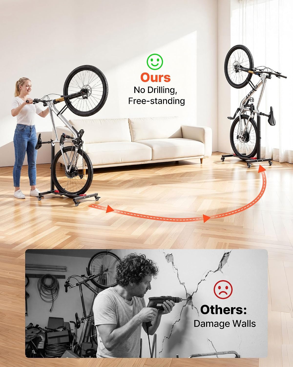 image:imageVEVOR Bike Stand 2 Pack Freestanding Vertical amp Horizontal Bike Storage Rack with Lockable Casters Height Adjustable Carbon Steel Upright Garage Bicycle Floor Stand for 2029 in Wheels Black