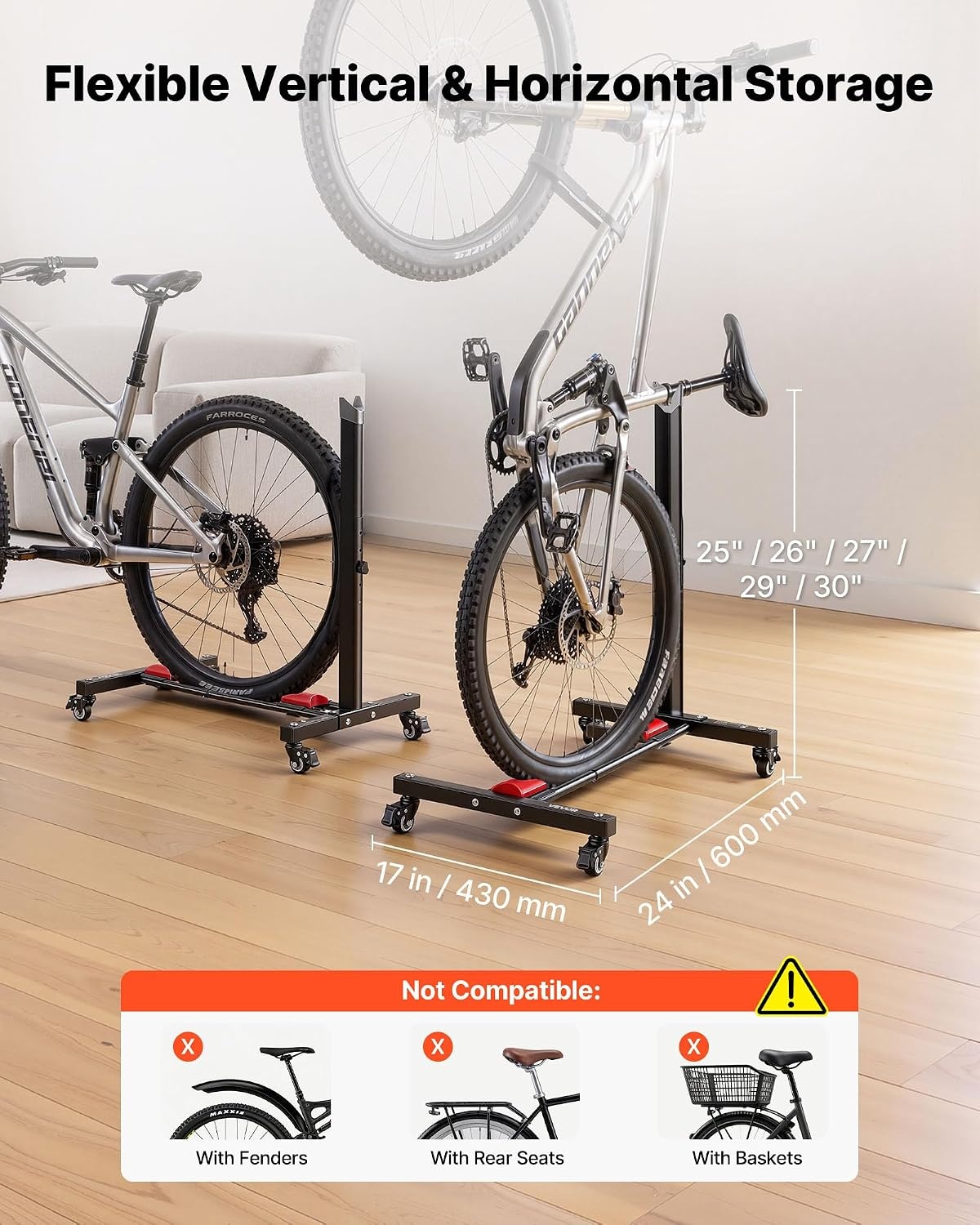 image:imageVEVOR Bike Stand Freestanding Vertical amp Horizontal Bike Storage Rack with Lockable Casters Height Adjustable Carbon Steel Upright Garage Bicycle Floor Stand for 2029 in Wheel Diameters Black1