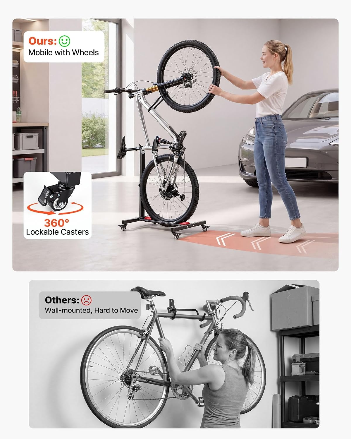 image:imageVEVOR Bike Stand Freestanding Vertical amp Horizontal Bike Storage Rack with Lockable Casters Height Adjustable Carbon Steel Upright Garage Bicycle Floor Stand for 2029 in Wheel Diameters Black1