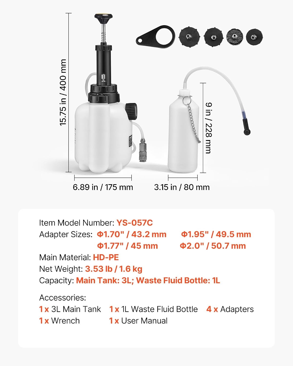 image:imageVEVOR Brake Bleeder Kit 3L Manual Brake Fluid Bleeding Kit with 1L Waste Bottle amp 4 Master Cylinder Adapters OnePerson Professional Brake Fluid Pressure Bleeder for Most Vehicleswith 4pcs Adapters