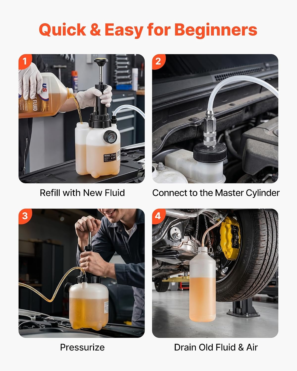 image:imageVEVOR Brake Bleeder Kit 3L Manual Brake Fluid Bleeding Kit with 1L Waste Bottle amp 4 Master Cylinder Adapters OnePerson Professional Brake Fluid Pressure Bleeder for Most Vehicleswith 4pcs Adapters