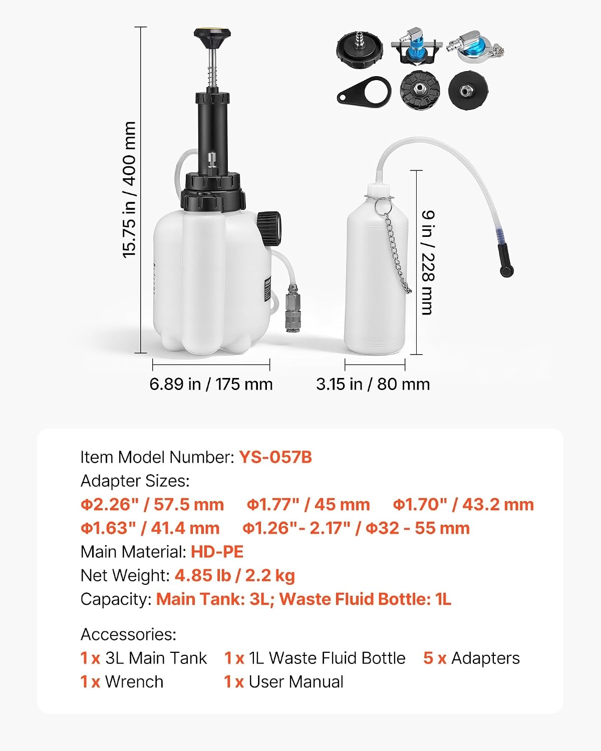 image:imageVEVOR Brake Bleeder Kit 3L Manual Brake Fluid Bleeding Kit with 1L Waste Bottle amp 4 Master Cylinder Adapters OnePerson Professional Brake Fluid Pressure Bleeder for Most Vehicleswith 5pcs Adapters