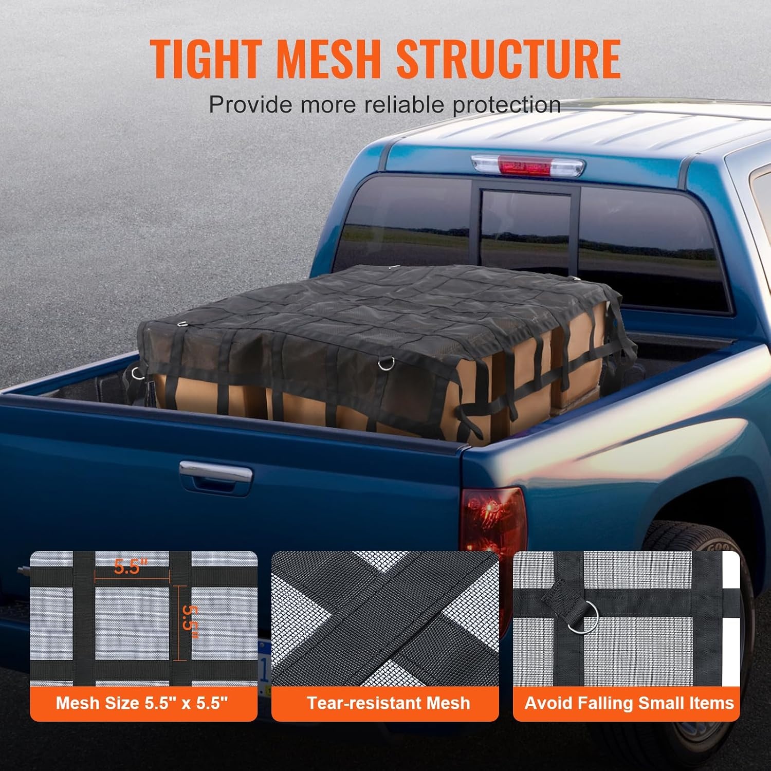 image:imageVEVOR Cargo Net with Mesh 72 in x 57 in Heavy Duty Truck Cargo NetWLL 1100lbs 4 Adjustable Straps with Carabiners amp SHooks Truck Bed Cover for Trailer Pickup Boat Jeep SUV 475 x 6 ft72 x 57
