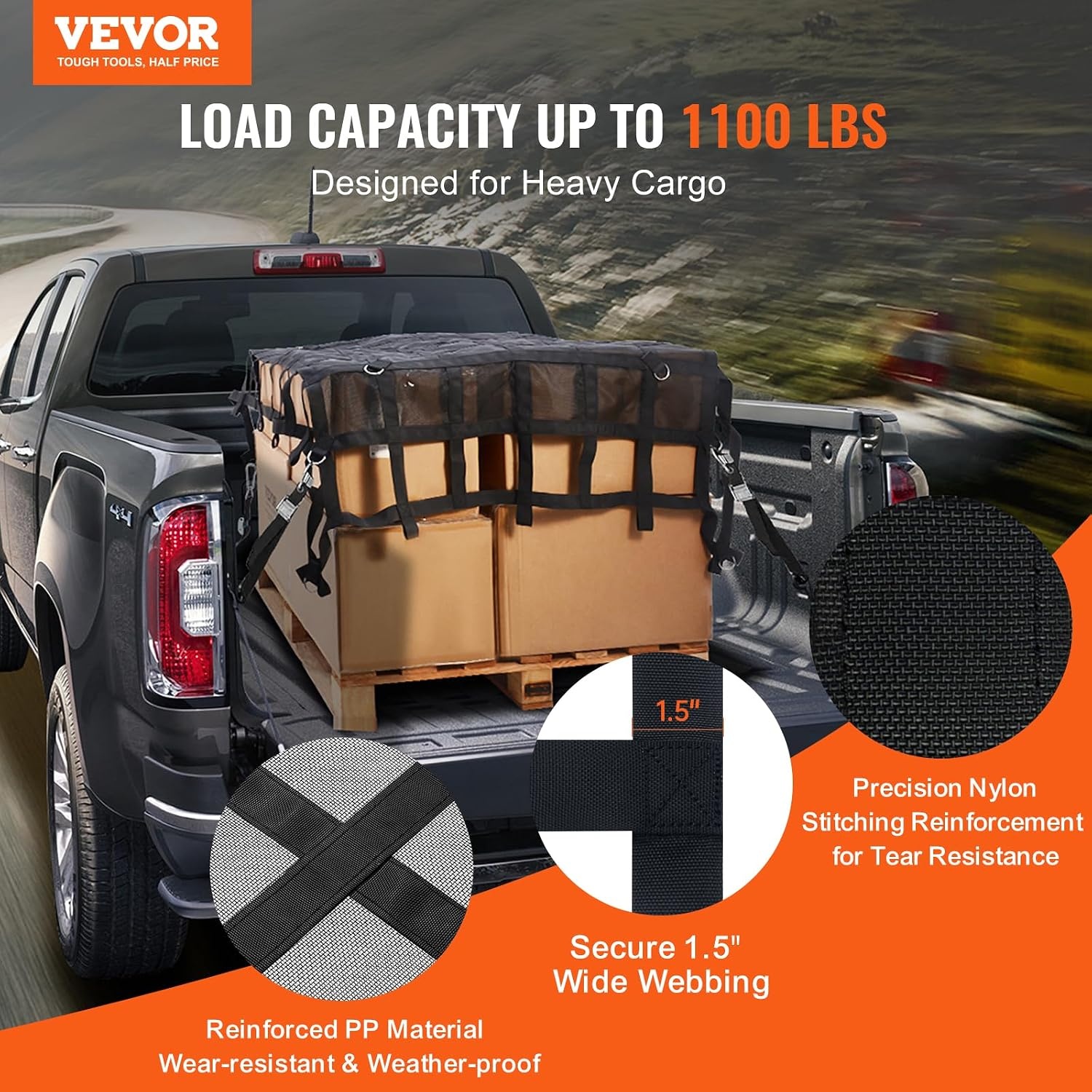 image:imageVEVOR Cargo Net with Mesh 72 in x 57 in Heavy Duty Truck Cargo NetWLL 1100lbs 4 Adjustable Straps with Carabiners amp SHooks Truck Bed Cover for Trailer Pickup Boat Jeep SUV 475 x 6 ft72 x 57