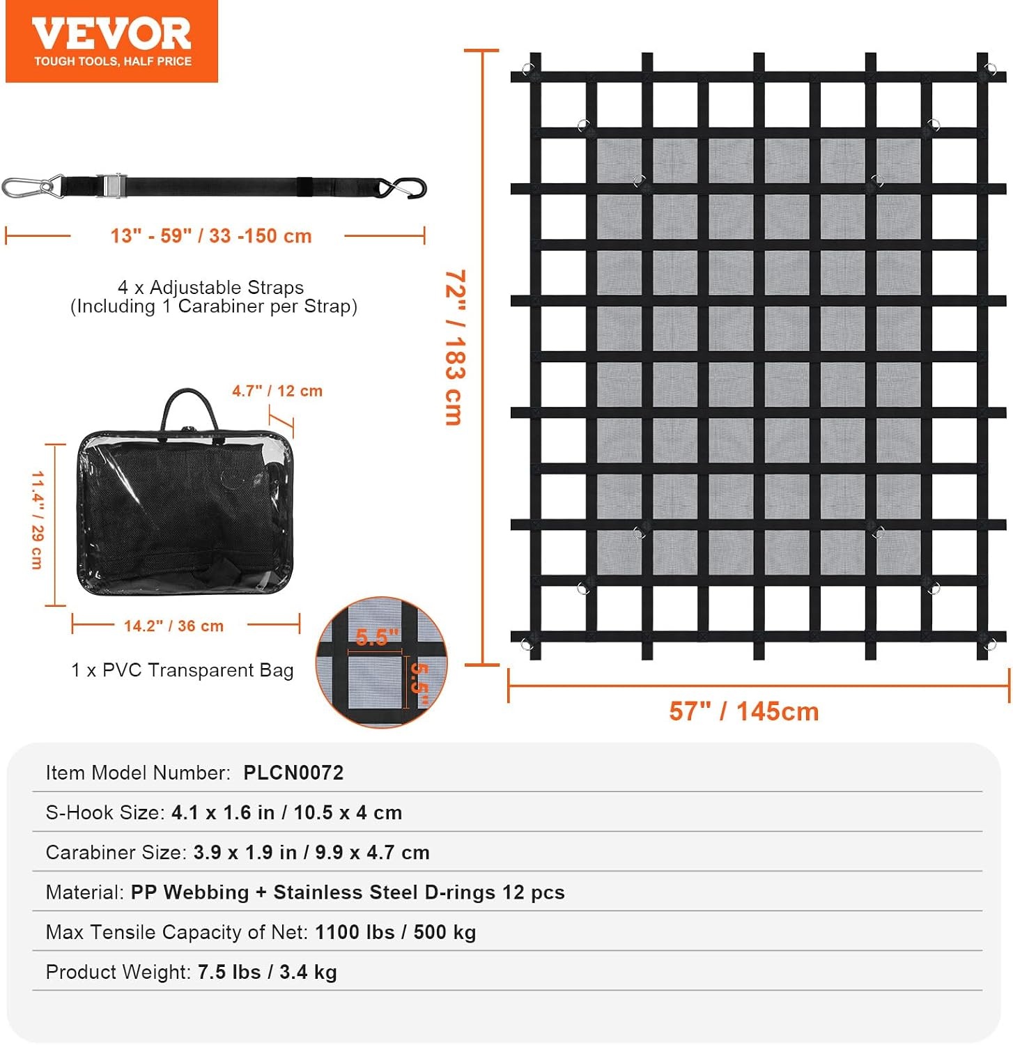 image:imageVEVOR Cargo Net with Mesh 72 in x 57 in Heavy Duty Truck Cargo NetWLL 1100lbs 4 Adjustable Straps with Carabiners amp SHooks Truck Bed Cover for Trailer Pickup Boat Jeep SUV 475 x 6 ft72 x 57