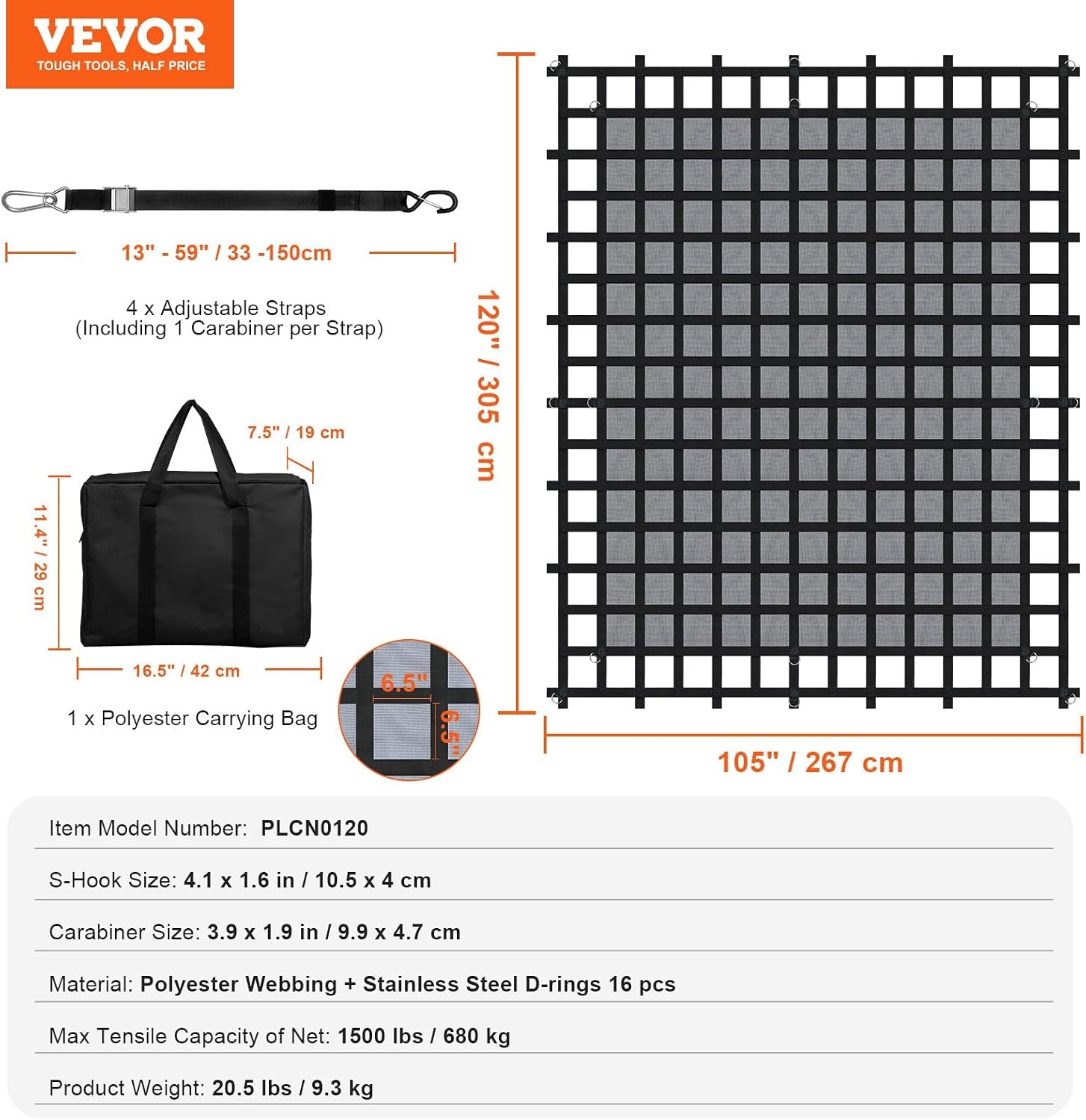 image:imageVEVOR Cargo Net with Mesh 8 x 67 Cargo Net for Pickup Truck Bed Heavy Duty Cargo Nets with Cam Buckles amp SHooks amp Cross Strap Truck Bed Cargo Net for Trailer SUV Jeeps96 x 80Polyester