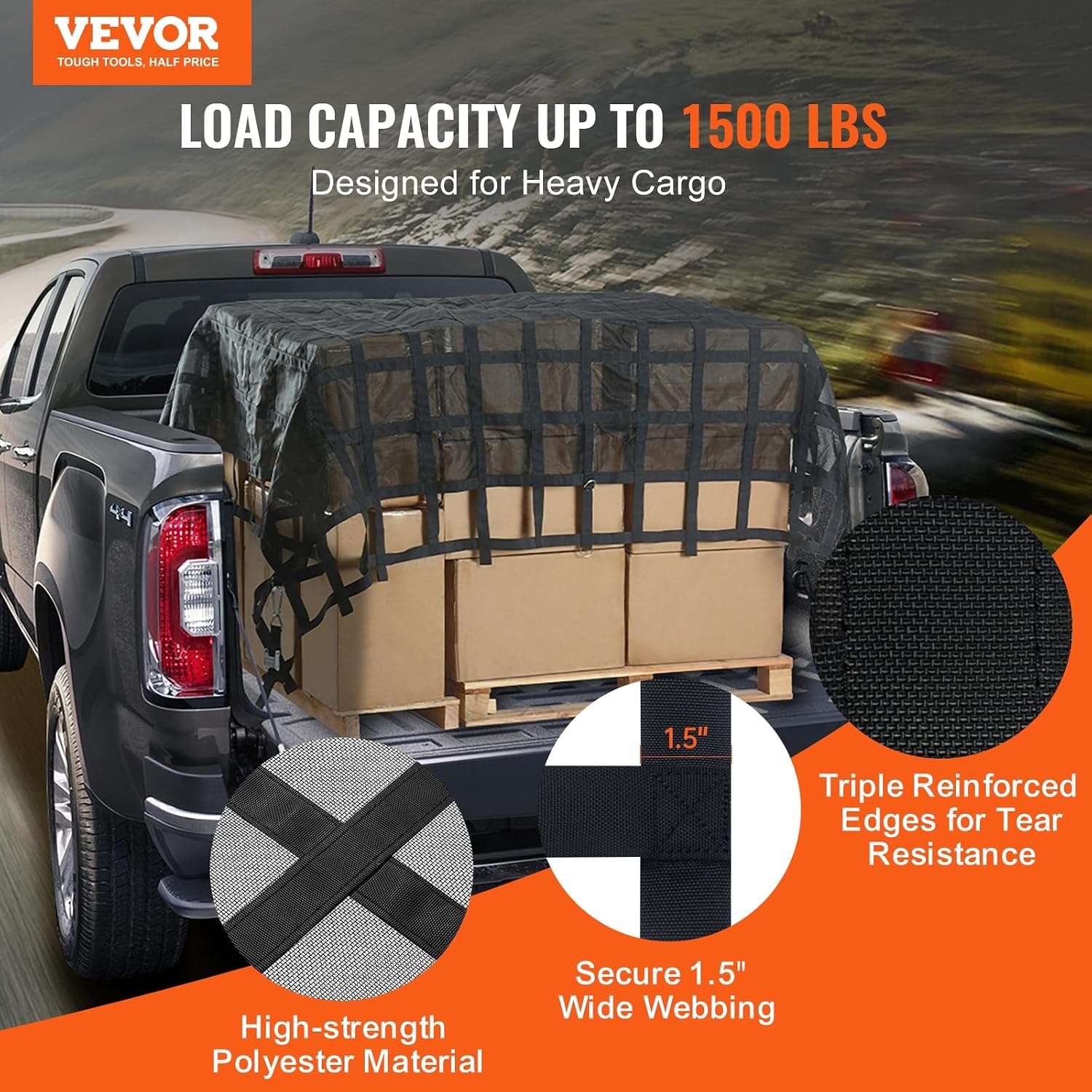 image:imageVEVOR Cargo Net with Mesh 8 x 67 Cargo Net for Pickup Truck Bed Heavy Duty Cargo Nets with Cam Buckles amp SHooks amp Cross Strap Truck Bed Cargo Net for Trailer SUV Jeeps96 x 80Polyester