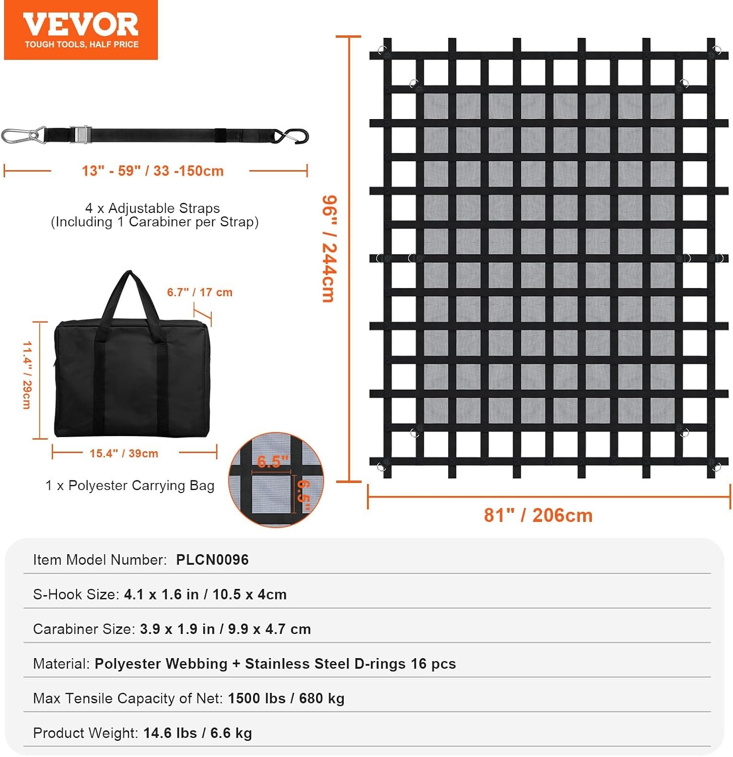 image:imageVEVOR Cargo Net with Mesh 8 x 67 Cargo Net for Pickup Truck Bed Heavy Duty Cargo Nets with Cam Buckles amp SHooks amp Cross Strap Truck Bed Cargo Net for Trailer SUV Jeeps96 x 80Polyester