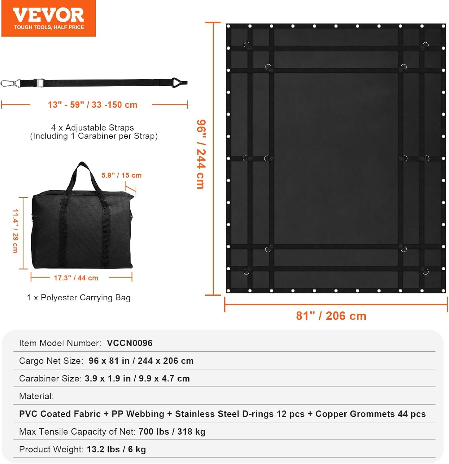 image:imageVEVOR Cargo Net with Mesh 8 x 67 Cargo Net for Pickup Truck Bed Heavy Duty Cargo Nets with Cam Buckles amp SHooks amp Cross Strap Truck Bed Cargo Net for Trailer SUV Jeeps96 x 80Waterproof