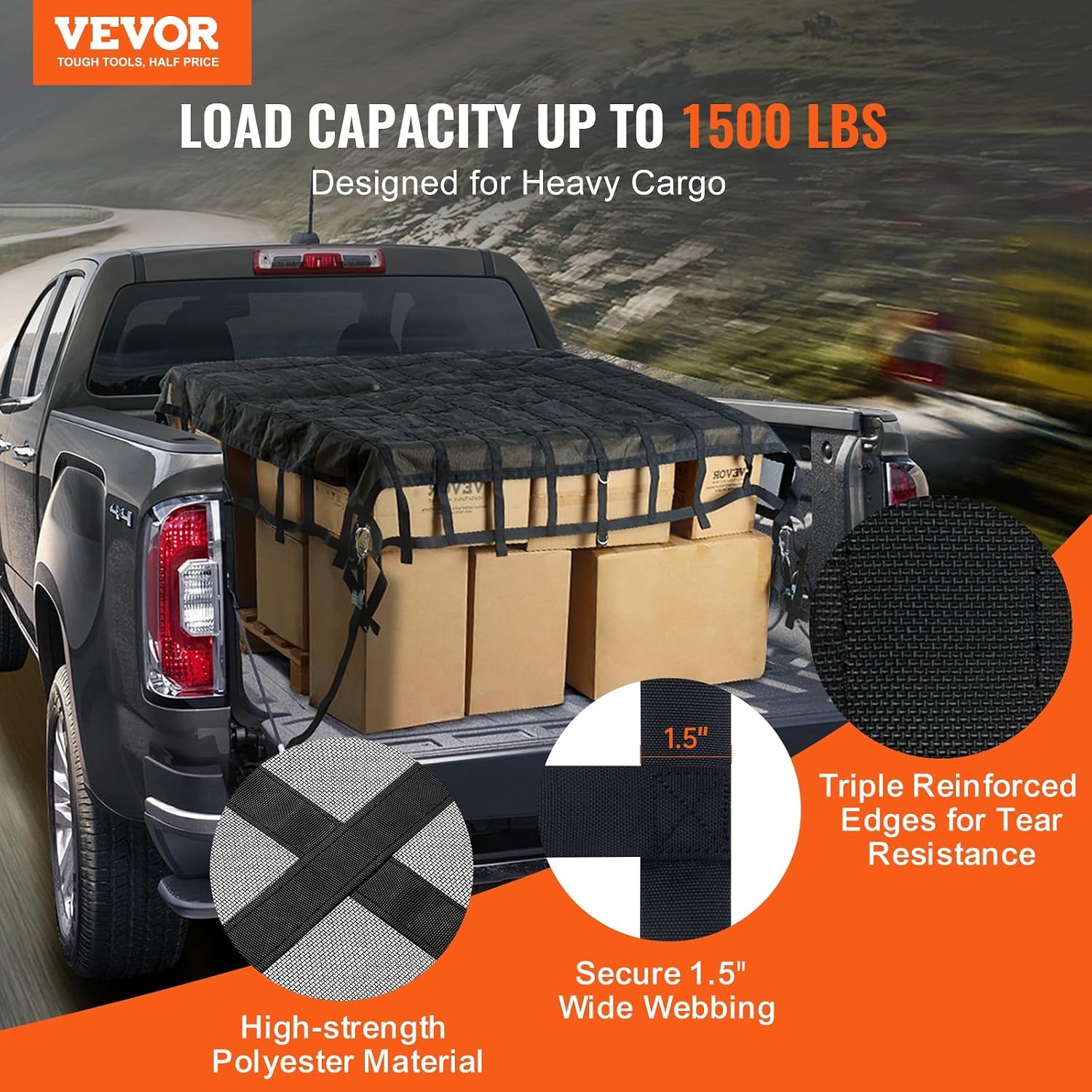 image:imageVEVOR Cargo Net with Mesh 8 x 67 Cargo Net for Pickup Truck Bed Heavy Duty Cargo Nets with Cam Buckles amp SHooks amp Cross Strap Truck Bed Cargo Net for Trailer SUV Jeeps96 x 80Polyester