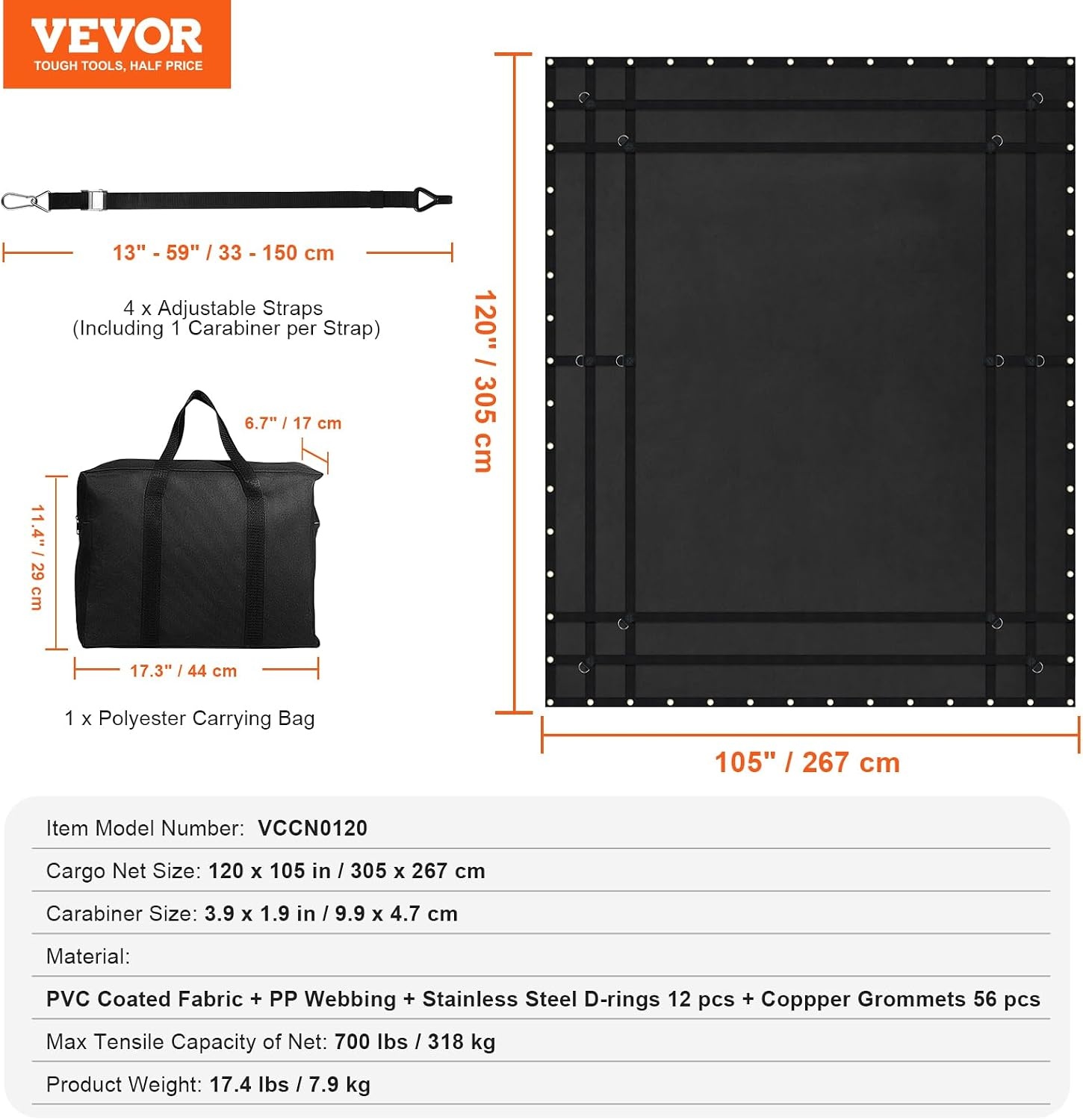 image:imageVEVOR Cargo Net with Mesh 8 x 67 Cargo Net for Pickup Truck Bed Heavy Duty Cargo Nets with Cam Buckles amp SHooks amp Cross Strap Truck Bed Cargo Net for Trailer SUV Jeeps96 x 80Waterproof