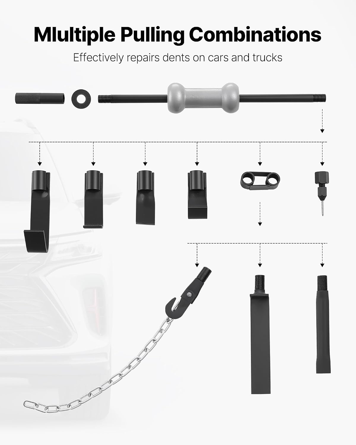 image:imageVEVOR Dent Puller Kit 13 lbs 14in1 Slide Hammer Dent Removal Kit HeavyDuty Auto Body Truck Repair Automotive Damage Remover Tool Repair Frame with Carrying Case Extension Rod NonSlip Handle10 lbs 13in1