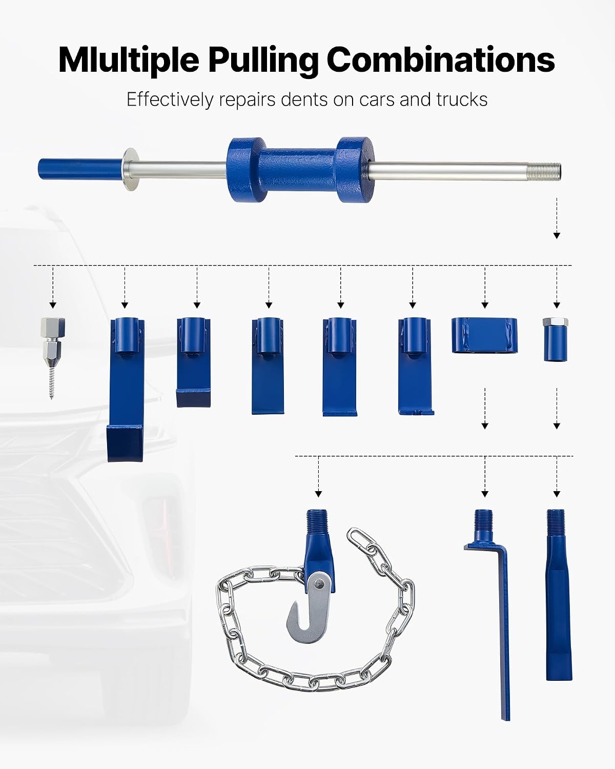 image:imageVEVOR Dent Puller Kit 13 lbs 14in1 Slide Hammer Dent Removal Kit HeavyDuty Auto Body Truck Repair Automotive Damage Remover Tool Repair Frame with Carrying Case Extension Rod NonSlip Handle13 lbs 14in1